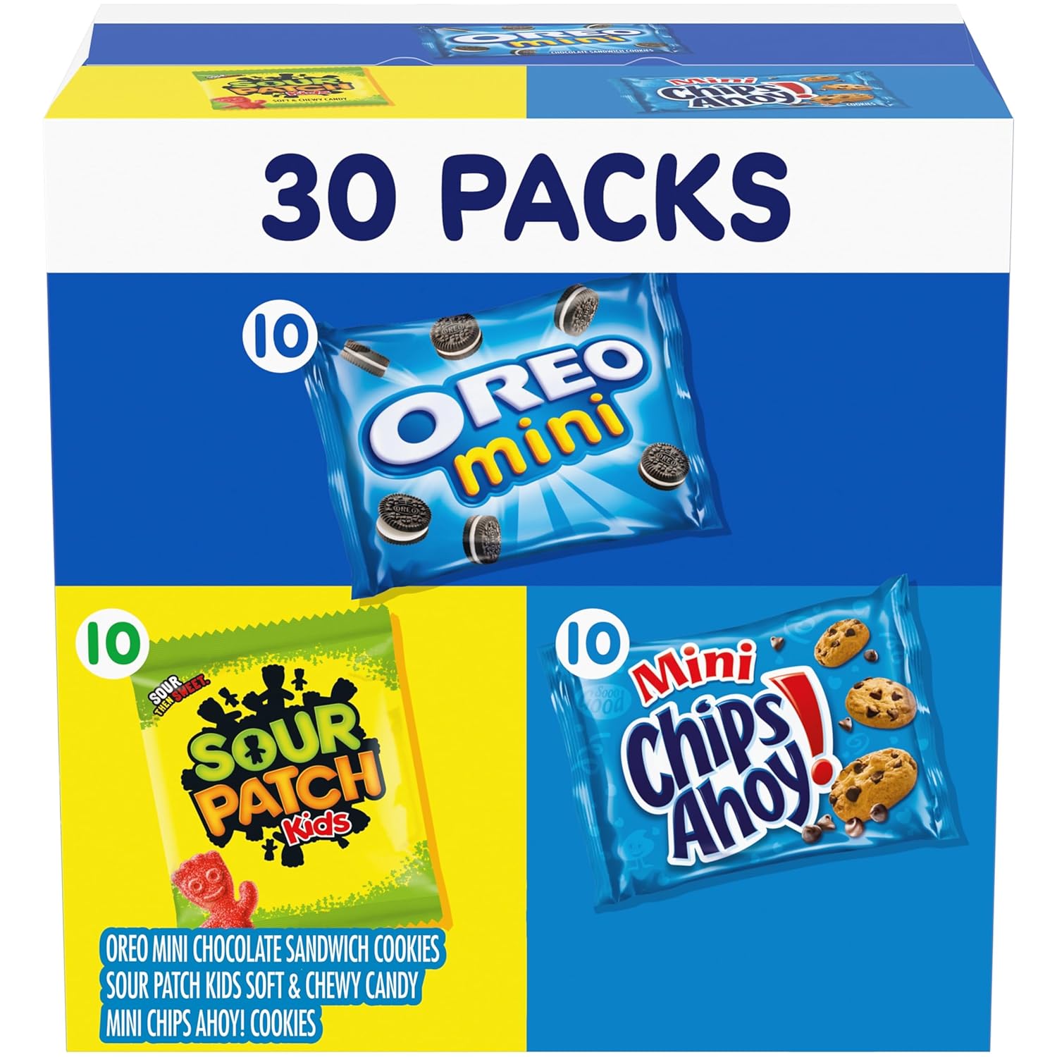 Nabisco Cookies & Candy Variety Pack, SOUR PATCH KIDS Candy, OREO Mini Cookies, and Mini CHIPS AHOY! Cookies, 30 Snack Packs