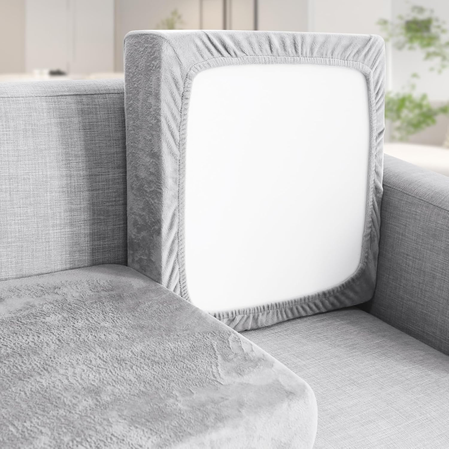 Teynewer Sofa Seat Cushion Cover, Sofa Cushion Slipcovers Stretch Velvet, Universal Non-Slip Couch Cushion Covers Replacement for Individual Cushion with Elastic Bottom (2 Seater, Light Grey)