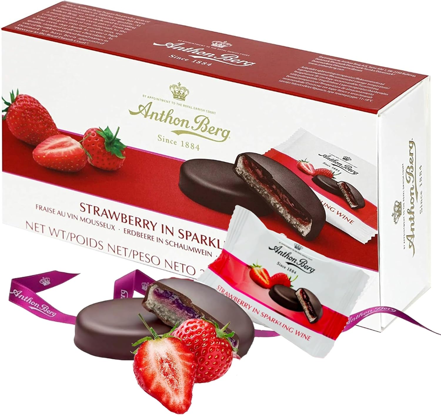 Marzipan Liqueur Chocolates Gift Box - Strawberry in Sparkling Wine Dark Chocolate Covered Marzipan 220g Chocolate Gift with Topline Card for Stocking Fillers, Secret Santa Gifts for Women