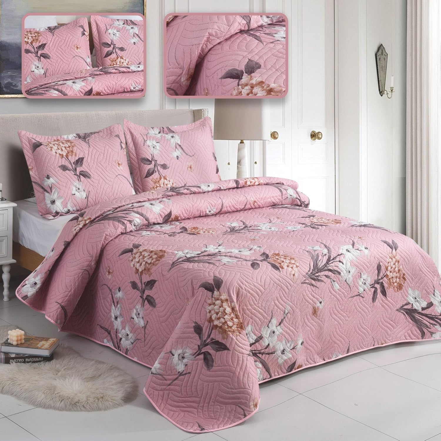ROOEE 3Pcs Quilted Bedspreads with 2 Shams Reversible Patchwork Vintage and Floral Design Disperse Printing Lightweight Quilt Throw Comforter Set Fits Double and King Size Beds 220x240cm (Milan 111)