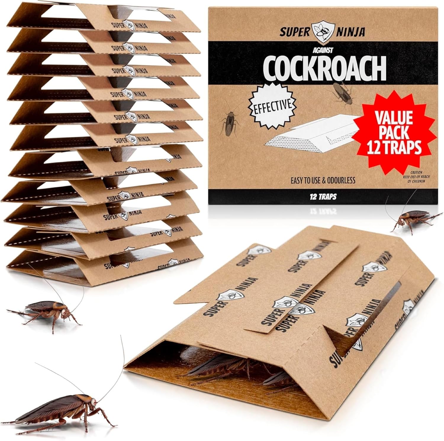 Super Ninja Cockroach Traps for Indoor – 12 Pack, Cockroach Control for Indoor Infestation, Safe & Toxin-Free Trap with Food Attractant, Nature-Friendly Pest Solution for Home, Garage & Shed