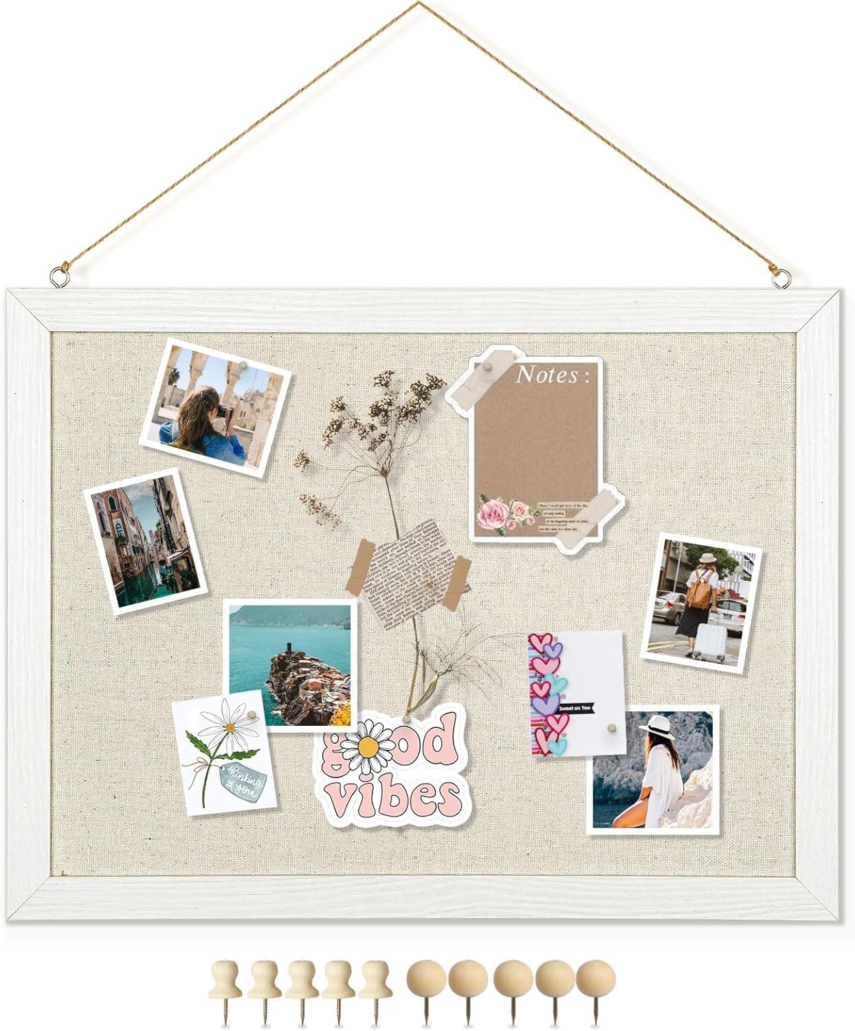 DOLLAR BOSS Bulletin Boards with Linen 1-Pack 16''X 12'' Double-Sided Cork Board for Walls Wood Framed Bulletin Boards, Small Pin Board for Home Kitchen Office Decorative Hanging 10 Pushpins