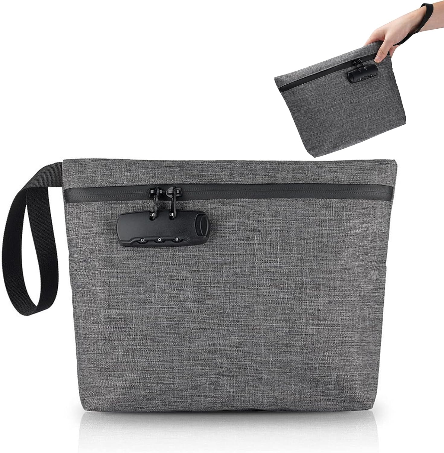 Security Smell Proof Bag with Combination Lock, 13 x 8 Inches Odor Proof Container, Waterproof Lockable Cash Bag with Zipper & Handle,Travel Safe Smell Proof Pouch for Passports Herbs Cards, Grey