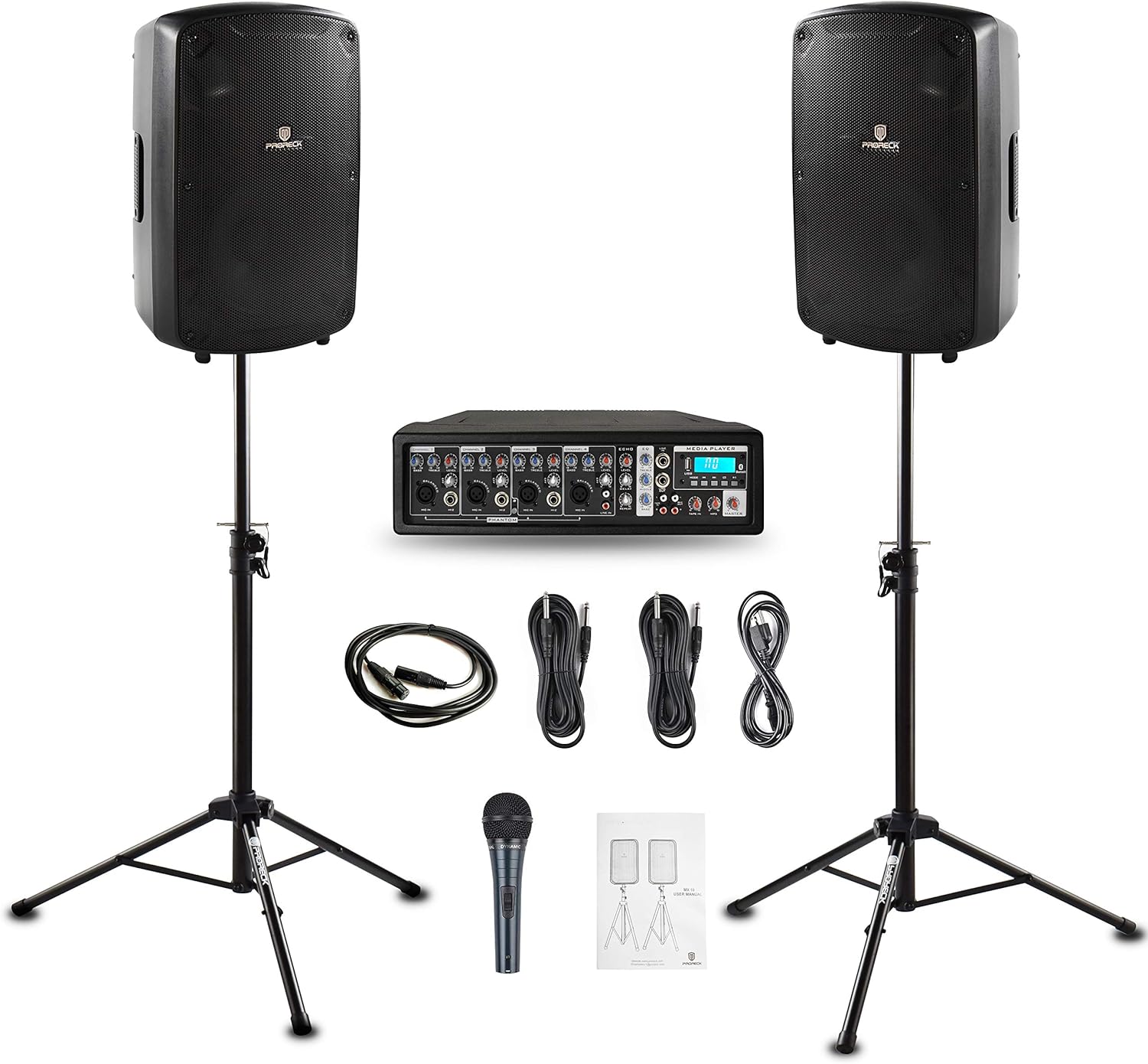 PRORECK MX10 1600W 6-Channel Powered Bluetooth Mixer with 10inch Passive Speakers PA System Mixer/Amp/Stands/Mic