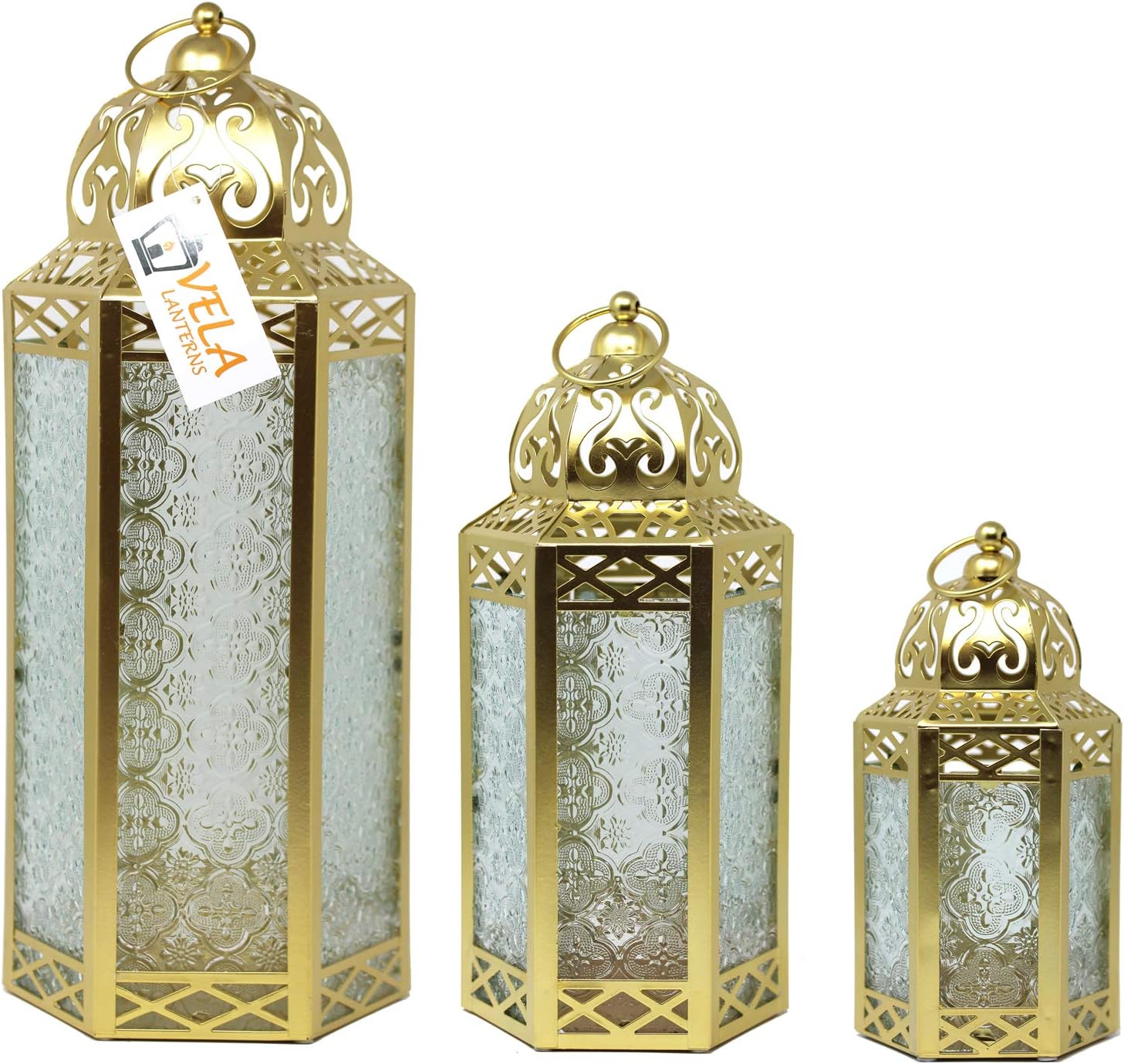 VELA LANTERNS Moroccan Candle Lanterns Decorative Set of 3 for Floor, Ramadan Decorations, Indoor Home Decor, Outdoor Patio or Porch, Weddings, Gold