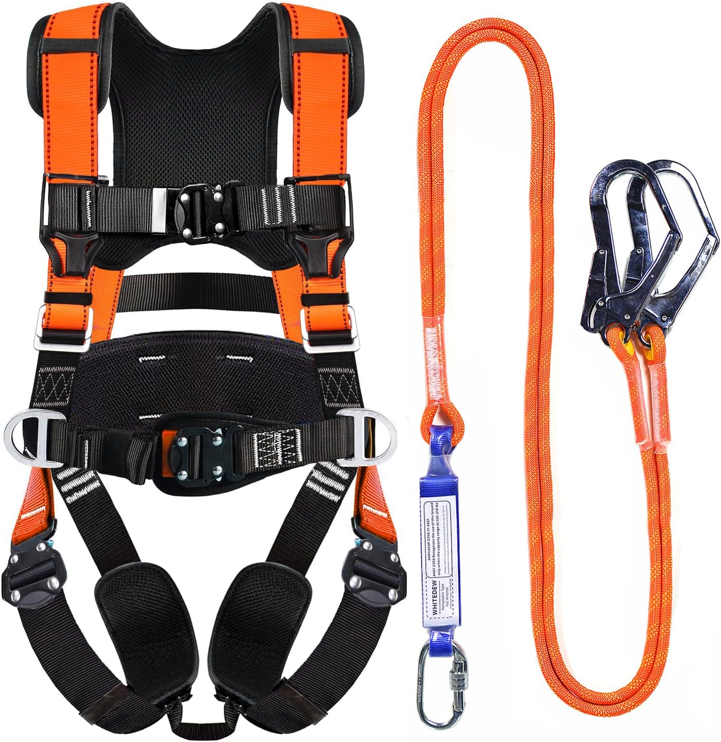 Fall Protection Premium Safety Harness with Shock Absorbing Lanyard, Vented & Padded Shoulder, Legs & Back - Upgrade 4 Quick Buckles (Orange)