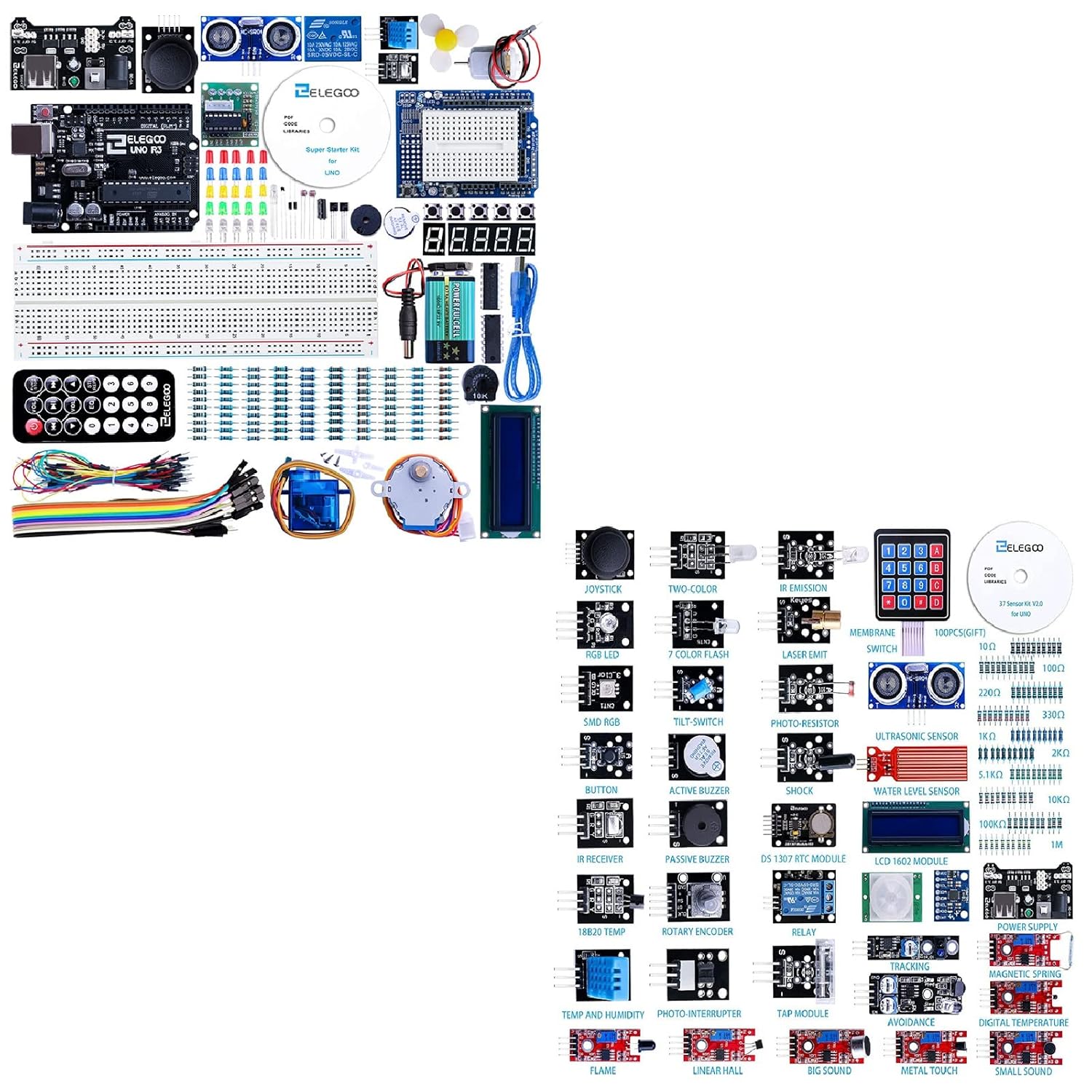 ELEGOO UNO Project Super Starter Kit & ELEGOO Upgraded 37 in 1 Sensor Modules Kit