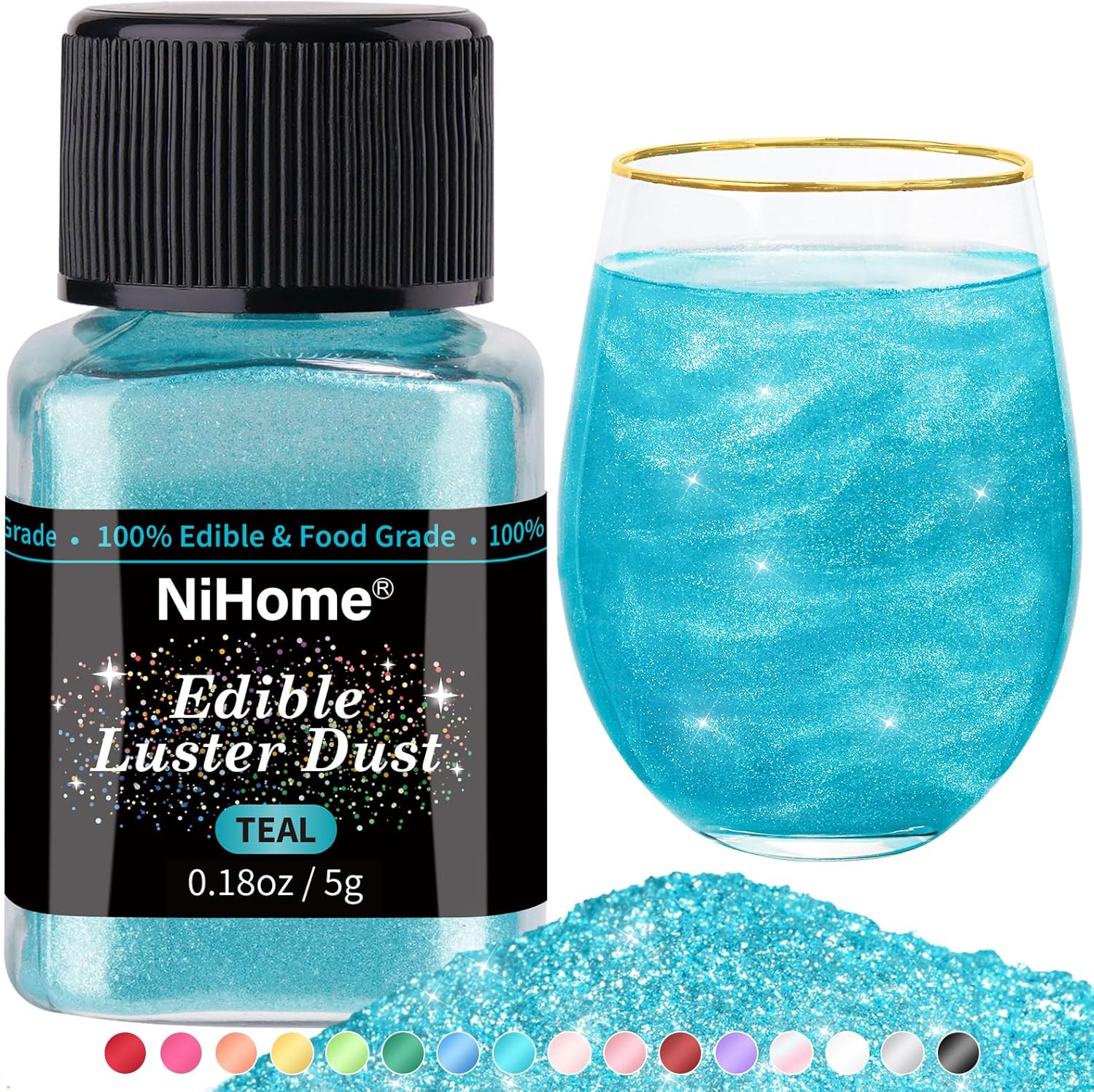 NiHome Edible Luster Dust Glitter Powder Metallic Fancy Food Decorating Sprinkle Glimmery Brew Dust for Drink Wine Beverage Cake Dessert Home Bakery Restaurant Vegan Allergen-Free (Teal, 5g/0.18oz)
