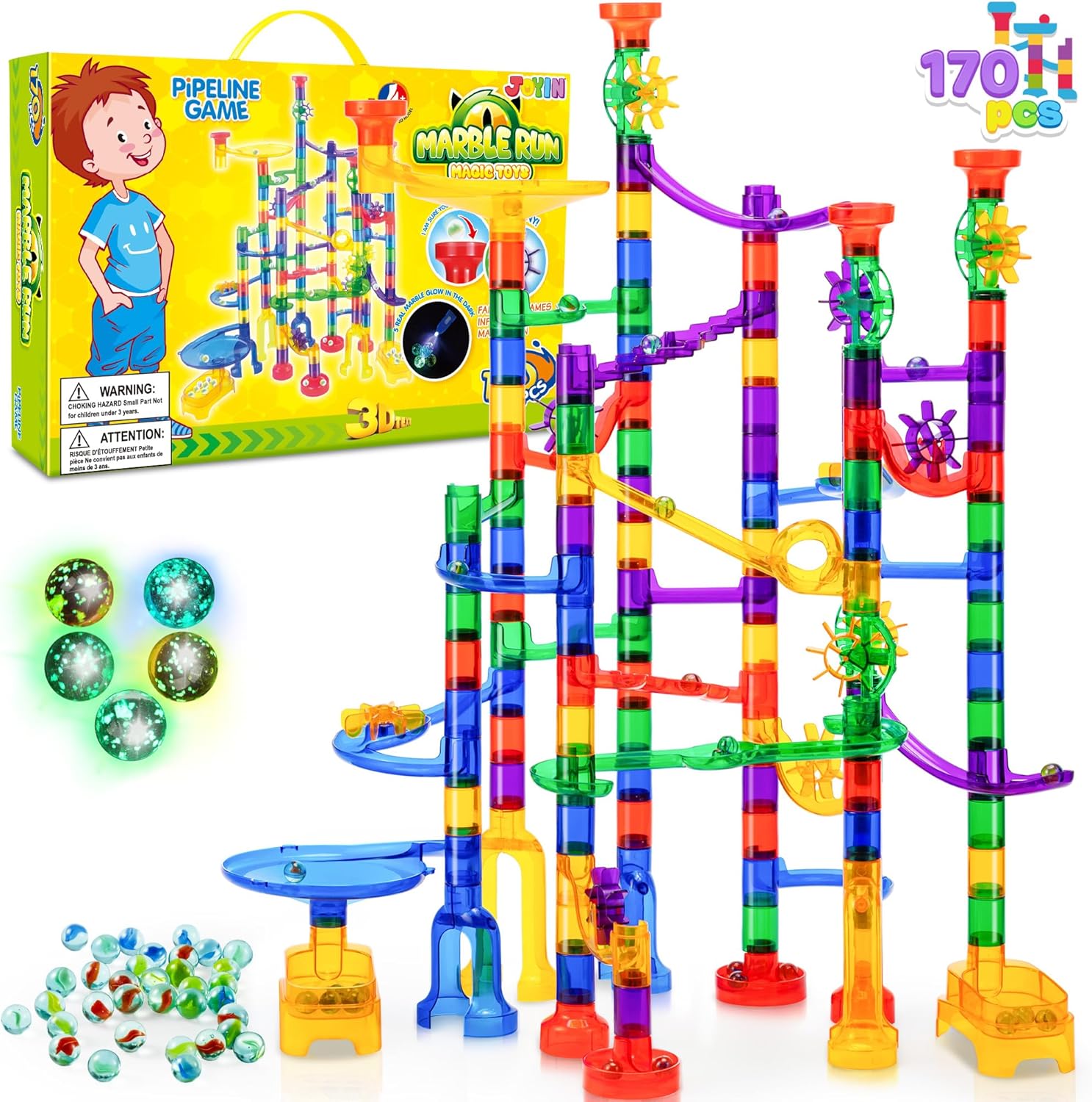 JOYIN 170Pcs Glowing Marble Run, Construction Building Blocks Toys with 5 Glow in The Dark Glass Marbles, STEM Educational Building Block Toy, Gift for Christmas(120 Plastic Pieces + 50 Glass Marbles)