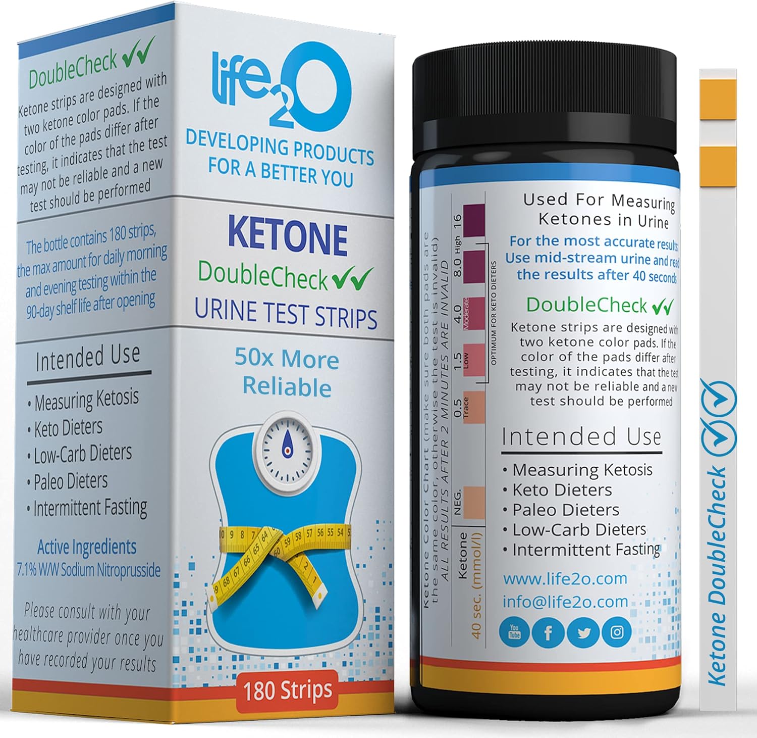 DoubleCheck Ketone Test Strips 180ct, 50x More Dependable Keto Test, Ketosis Test Strips for Urine, Ketones Urinalysis Urine Test Strip for Ketogenic, Low-Carb, Paleo & Atkins Diets