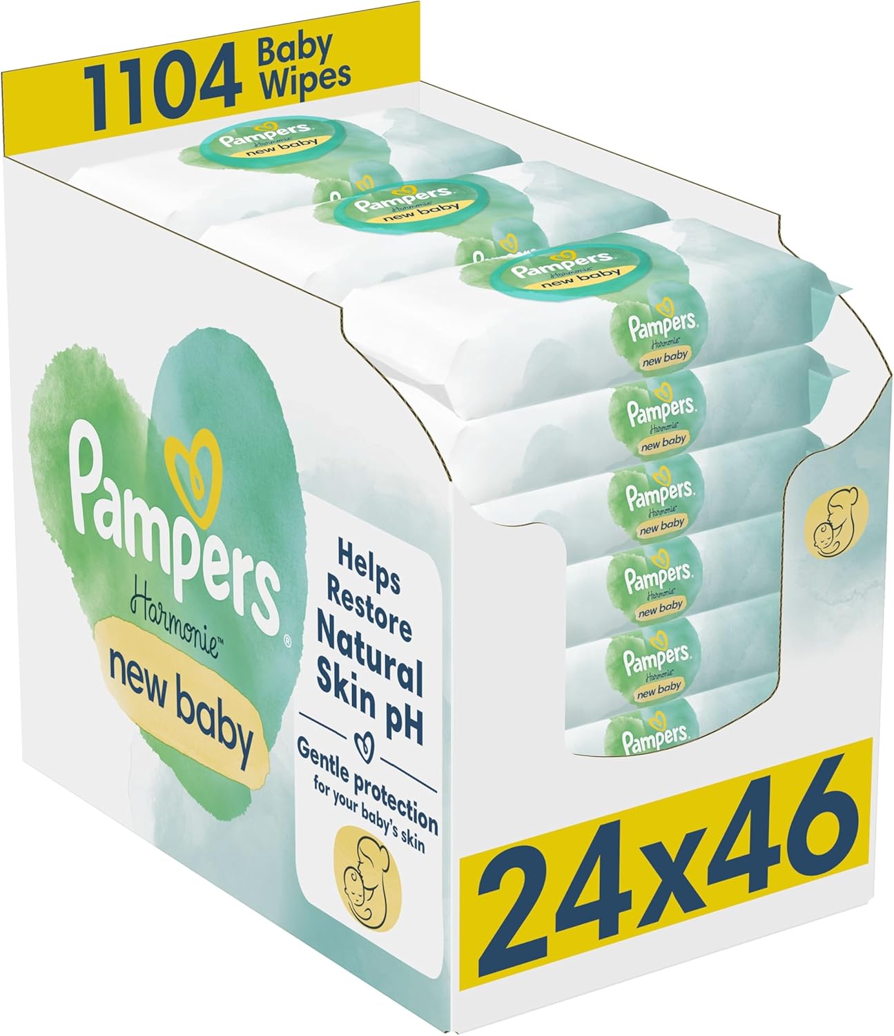 Pampers Harmonie New Baby Wipes Plastic Free 24 Packs of 46 Wipes, 1104 Baby Wet Wipes, Help Restore Natural Skin pH