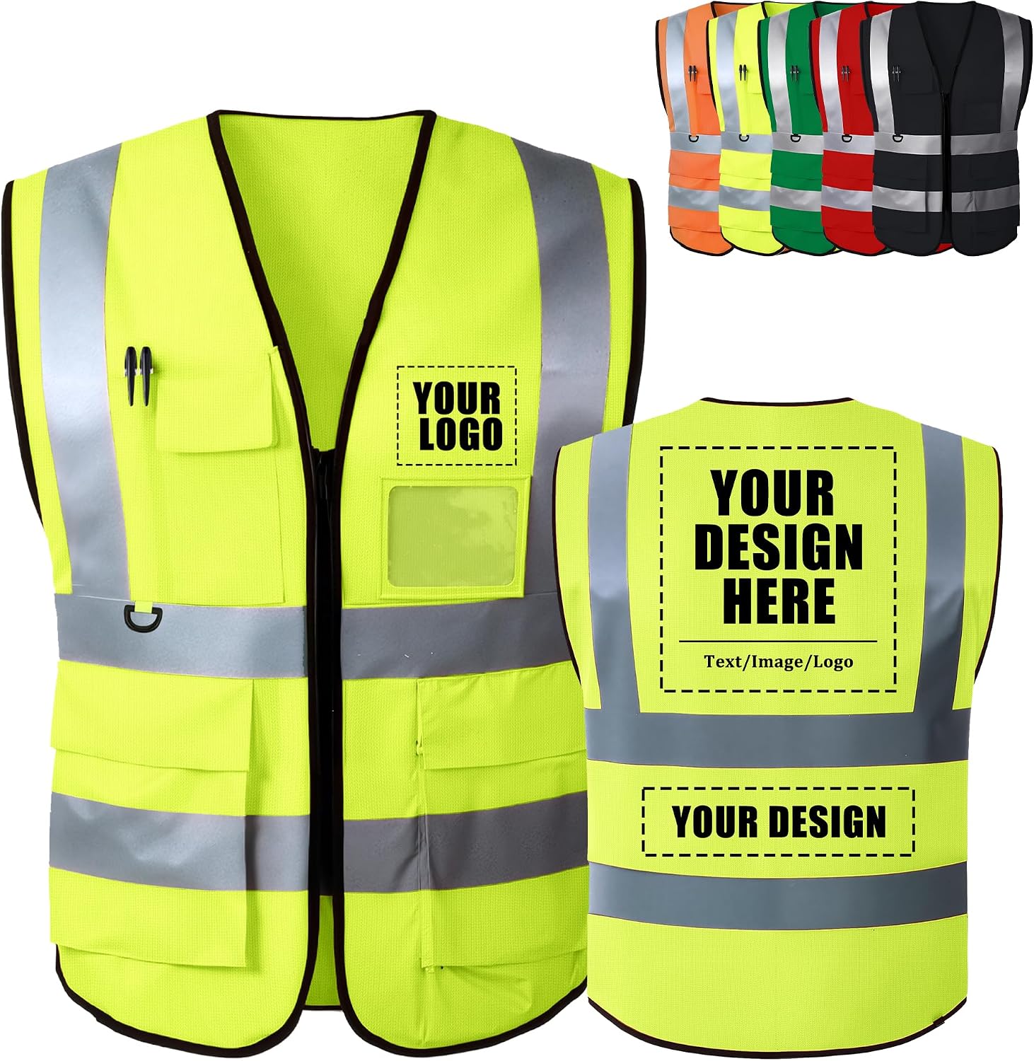 Custom Safety Vest with Logo, High Visibility Reflective Personalized Vest with Pockets for Men Women Construction
