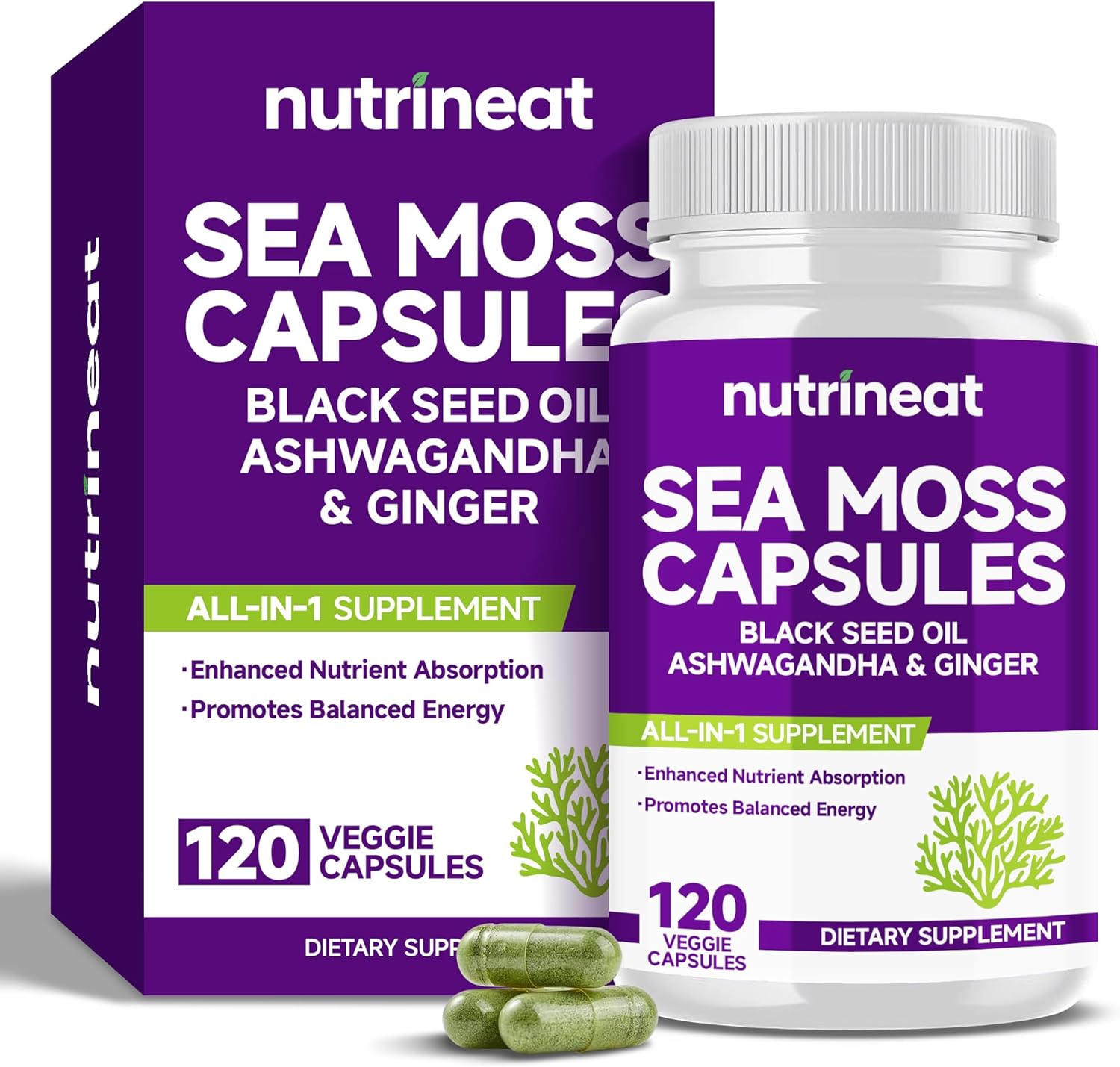 Sea Moss Capsules (120 Capsules), Sea Moss, Black Seed Oil, Ashwagandha & Ginger, Seamoss Supplement, Natural Sea Moss Blend with Burdock Root, Turmeric, Vitamin C&D