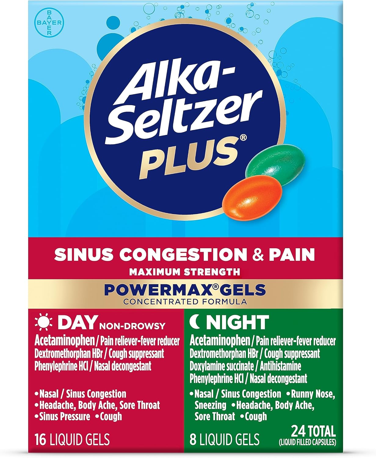 Alka-Seltzer Plus Maximum Strength PowerMax Sinus Congestion & Pain Medicine, Day + Night Liquid Gels - Powerful Relief for Cold and Flu, + Sinus Congestion for Adults and Children 12+ Years, 24 Count