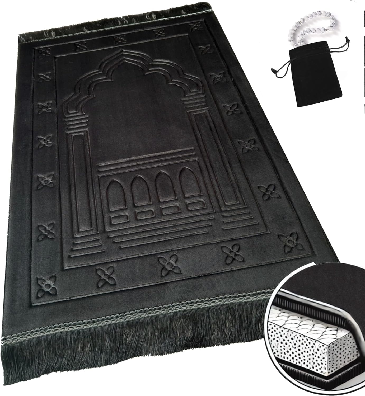 Islamika Orthopedic Prayer Rug Memory Foam Muslim Prayer mat - Padded Very Thick Prayer Rug Sajadah for Men Women for Eid Travel Ramadan, Soft and Luxury (Black) (Black)