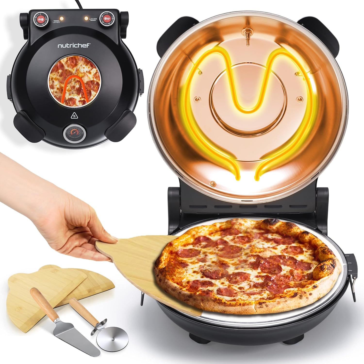 NutriChef Electric Indoor Pizza Oven, 30cm Countertop Cooker, Black