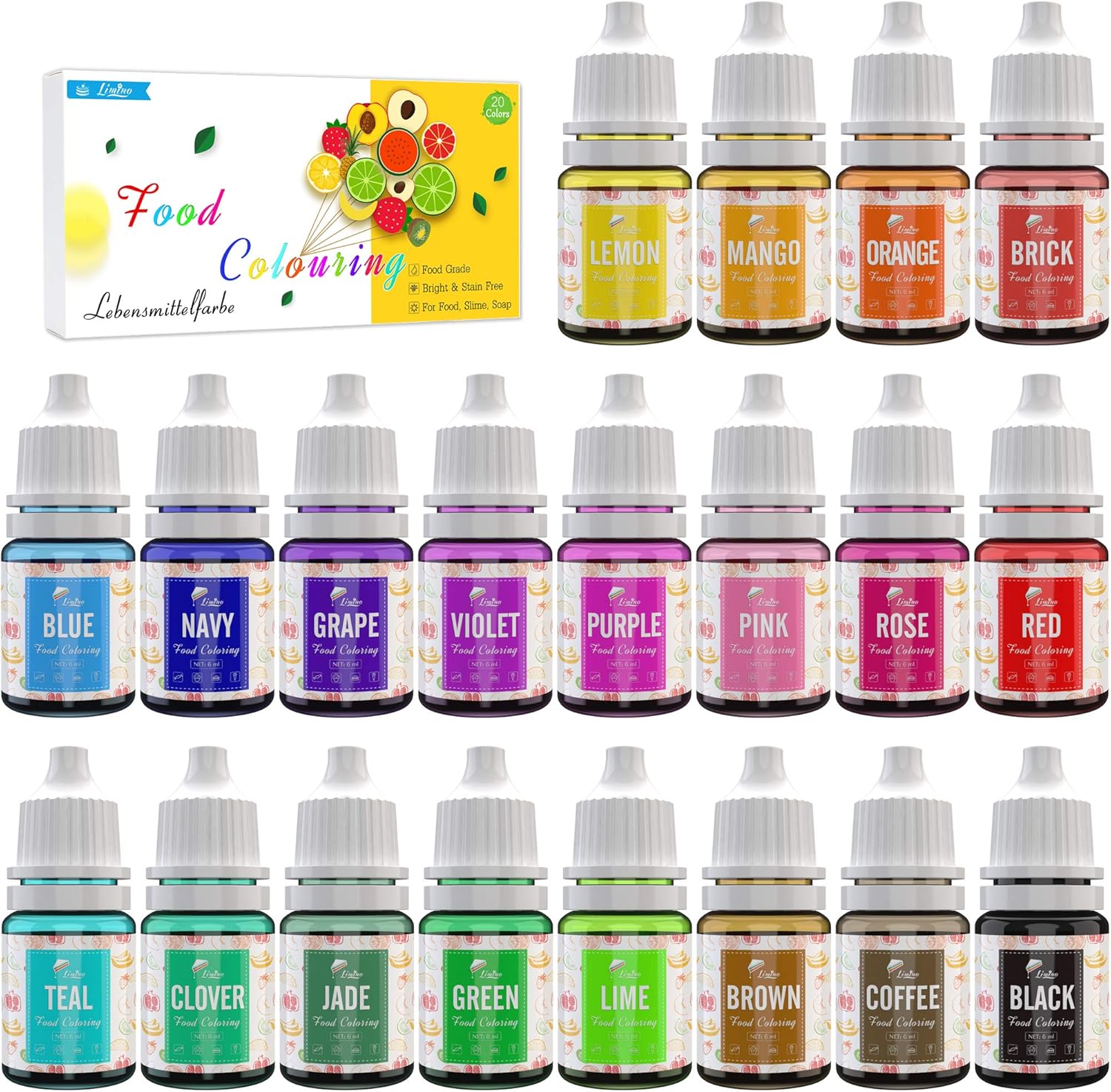 Food Colouring - 20 Colours Variety Liquid Cake Icing Food Colouring Kit for Baking, Decorating and Cooking, Fondant - Vibrant Food Colour Dye for Airbrush, DIY Slime Making and Crafts - 6ml Each