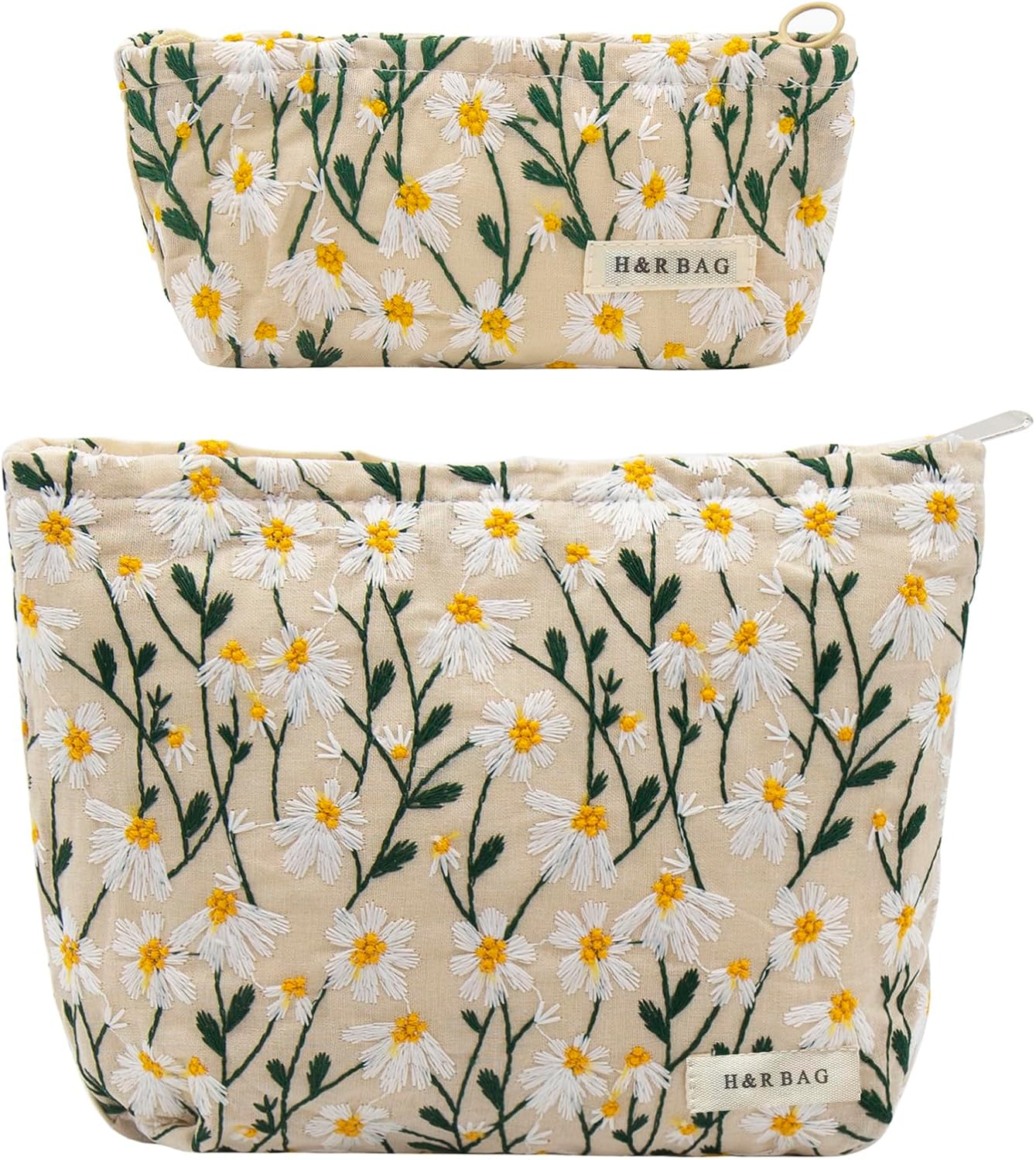 ONEGenug 2-Piece Cosmetic Bag Set - A-daisy Floral Pattern, Women Girls Makeup Bag Organiser for Travel & Gift