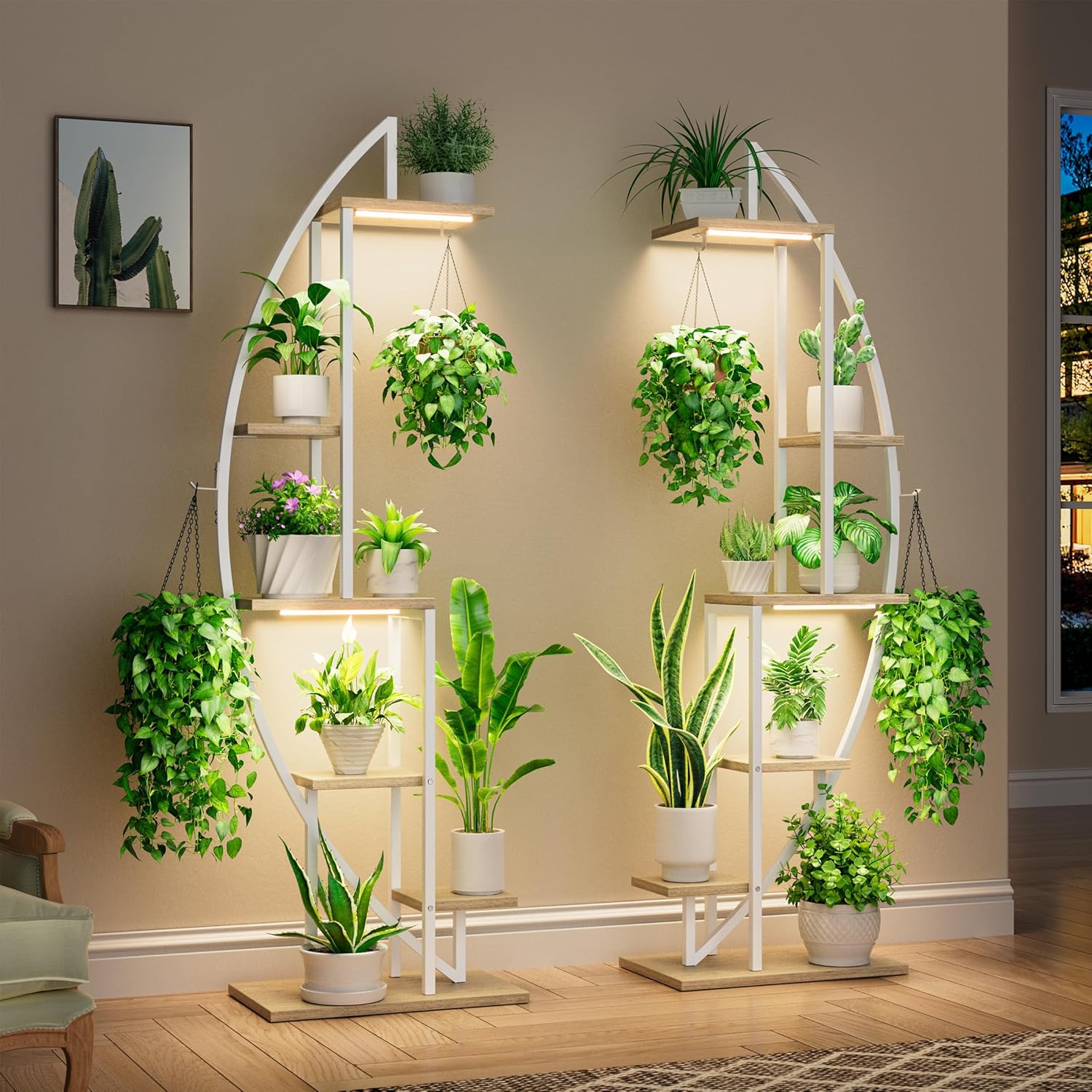 Plant Stand Indoor with Grow Lights, 6 Tiered Tall Plant Shelf, 63" Metal Plant Stand for Indoor Plants Multiple, Half-Moon Plant Rack Display Shelf, Plant Holder for Living Room, Patio,White