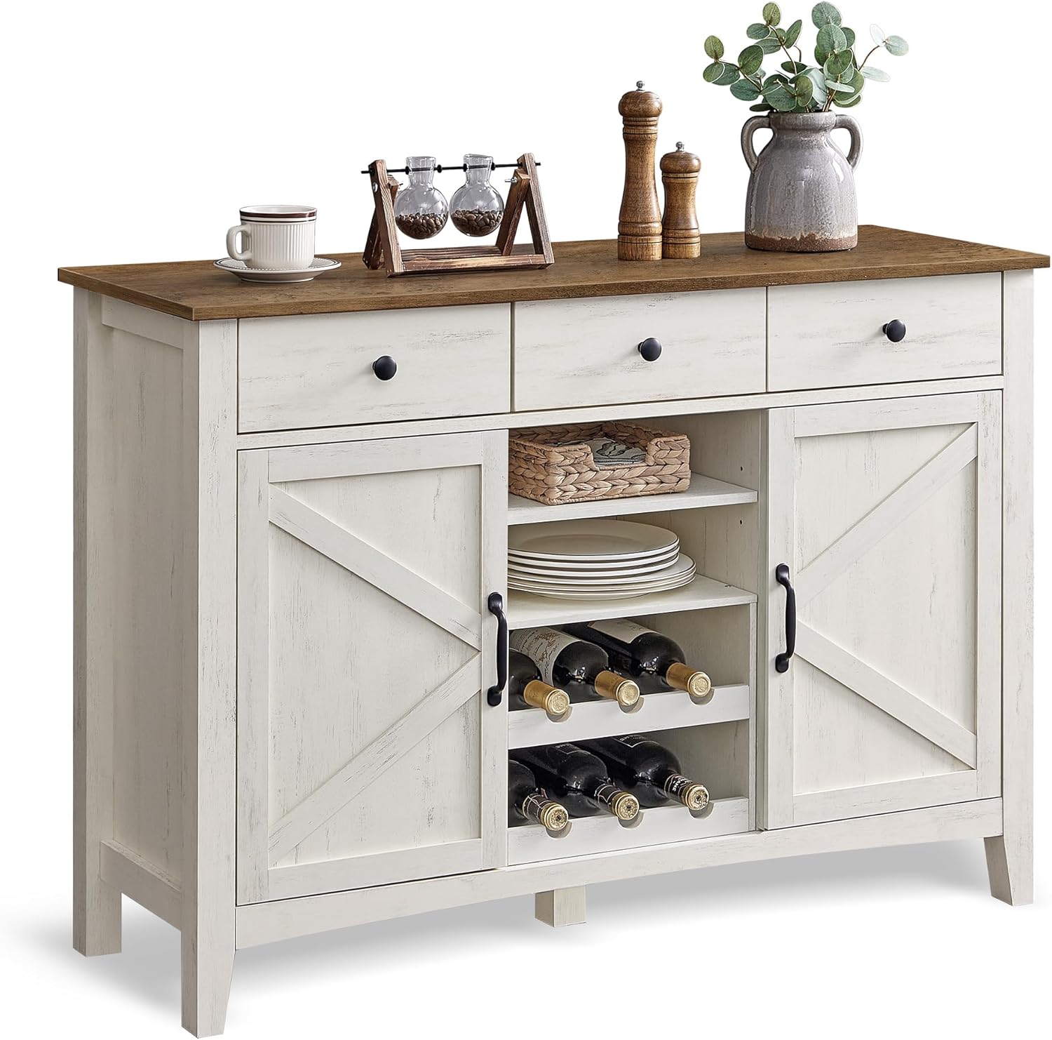 VASAGLE Coffee Bar Cabinet, Kitchen Storage Cabinet with 3 Drawers, Wine Rack, Farmhouse Cabinet Sideboard with Adjustable Shelf for Kitchen, Rustic White and Honey Brown UBBK371W01