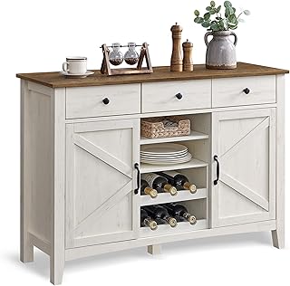 VASAGLE Coffee Bar Cabinet, Kitchen Storage Cabinet with 3 Drawers, Wine Rack, Farmhouse Cabinet Sideboard with Adjustable Shelf for Kitchen, Rustic White and Honey Brown UBBK371W01