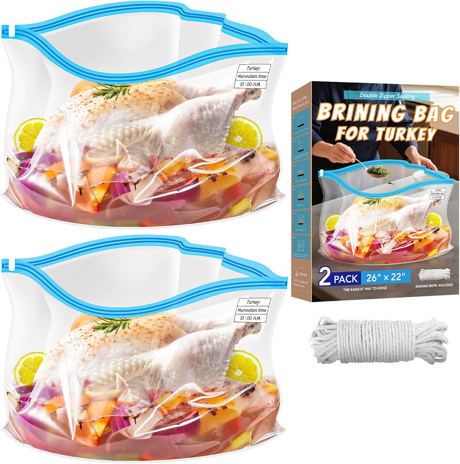2 Pack 26” x 22” Extra Large Brining Bags for Turkey with String | Double Zippers Turkey Brine Bags for Marinade, Steak, Chicken, Beef, Ham, Pork, , with Date Label