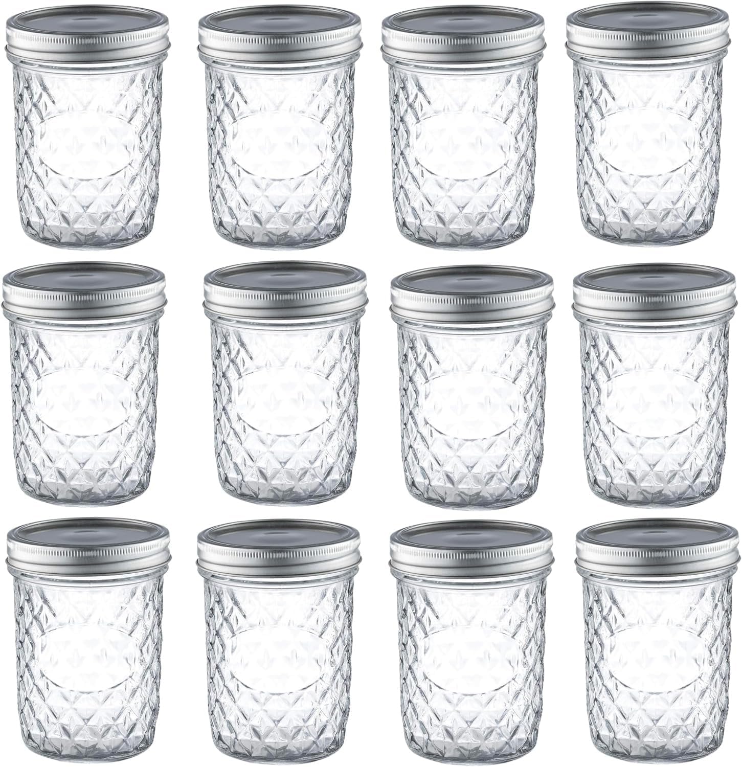 simpa 12PK 475ml/16oz Quilted Decorative Glass Mason Jars with Silver Metal Airtight Lids. Suitable for Meal Prep, Drinks, Food Storage, Canning, Dry Food, Salads and more.