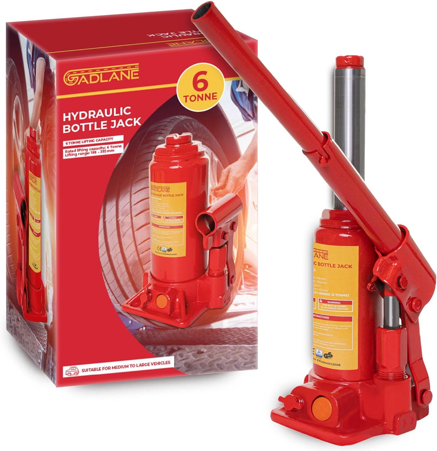 GADLANE Hydraulic Bottle Jack 6 Tonne - Heavy Duty Alloy Steel Hydraulic Jack with 6 Tonnes Lifting Capacity (6000kg), Safety Overload Valve, Quick-Fit Handle - For Large Cars/Vans/Motorhome - 6 Tonne