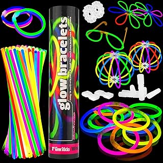 100 Glow Sticks Bulk Pack, Ultra Bright 8-Inch Bracelets, Multi-Colored, Ideal for Parties, Concerts, Includes Connectors - Premium Quality Glow in The Dark Stick Bracelets for Adults and Children