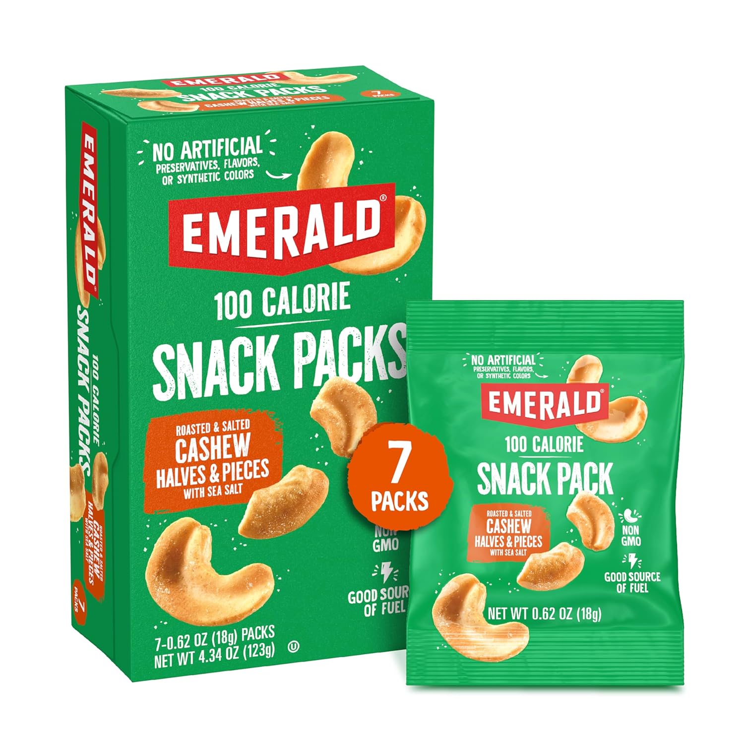 Emerald Nuts Roasted and Salted Cashews 7ct (1-Pack), 100-Calorie Individual Packs, Kosher Certified, Non-GMO, Contains No Artificial Preservatives, Flavors or Synthetic Colors
