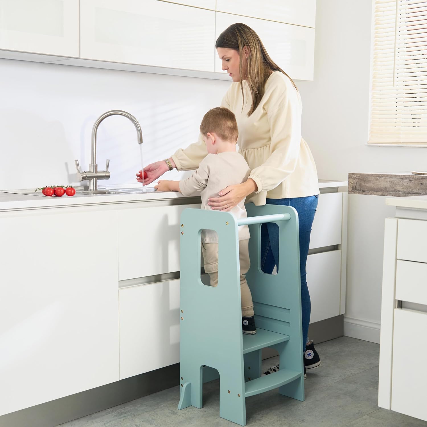 Tutti Bambini Learning Tower for Toddlers – Wooden Montessori Step Stool, 3 Adjustable Heights, Anti-Tip, Kids Kitchen Tower for Ages 2–6 (Ocean Stone)