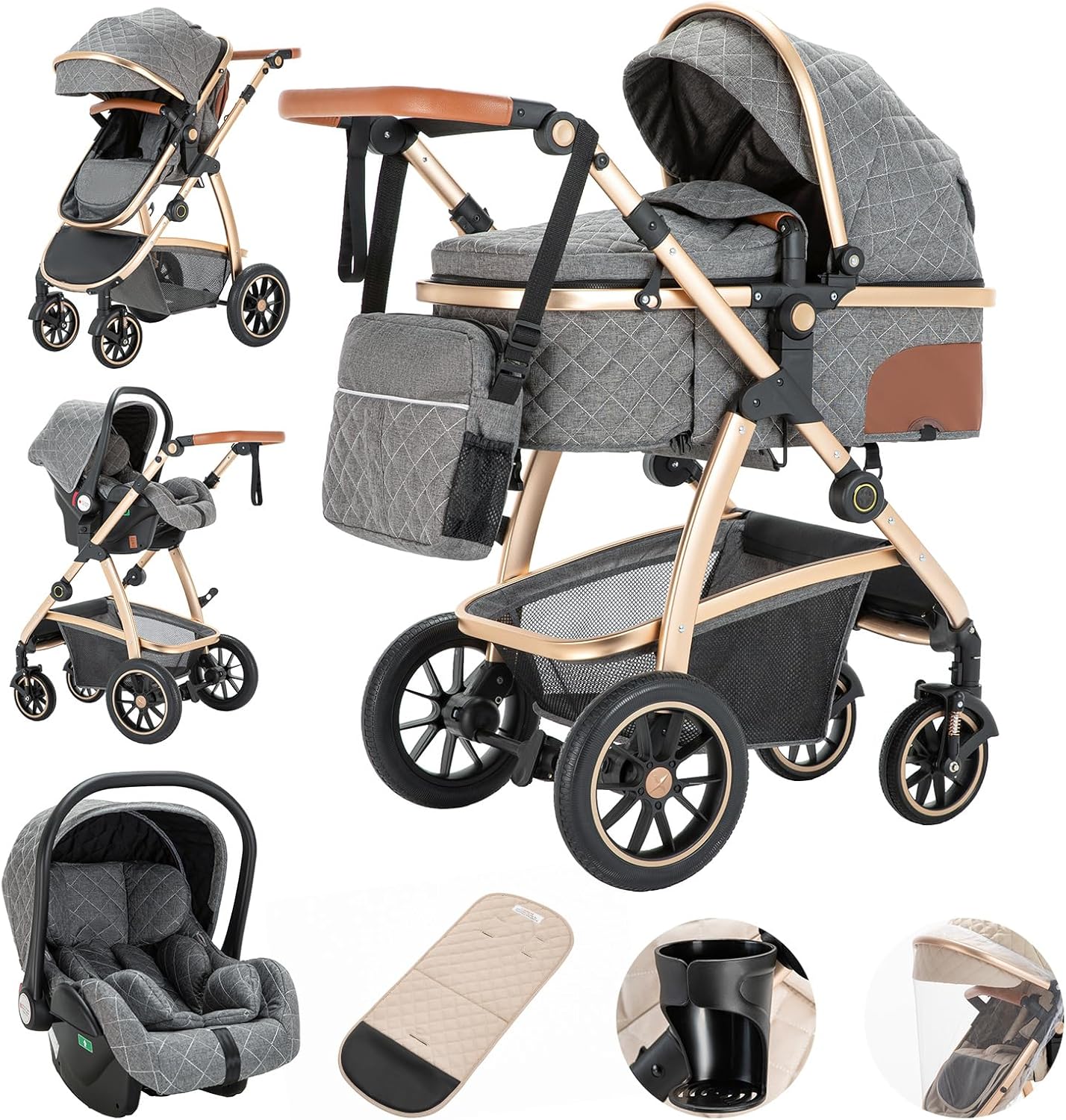 Gcarebb 3 in 1 Prams Travel System, Pushchair with Height Adjustable Handle, Travel Pram with Mosquito Net, Baby Stroller with Aluminum Frame for Newborn 0-4 Years
