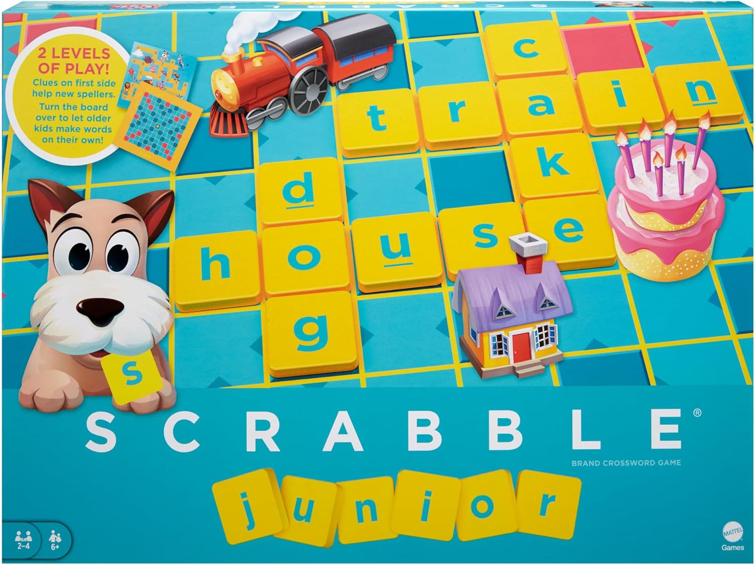 Mattel Games Scrabble Junior Kids Crossword Game with 2-Games-in-1, 2-Sided Game Board for 2 to 4 Players Ages 6 to 10 Years Old, Y9667