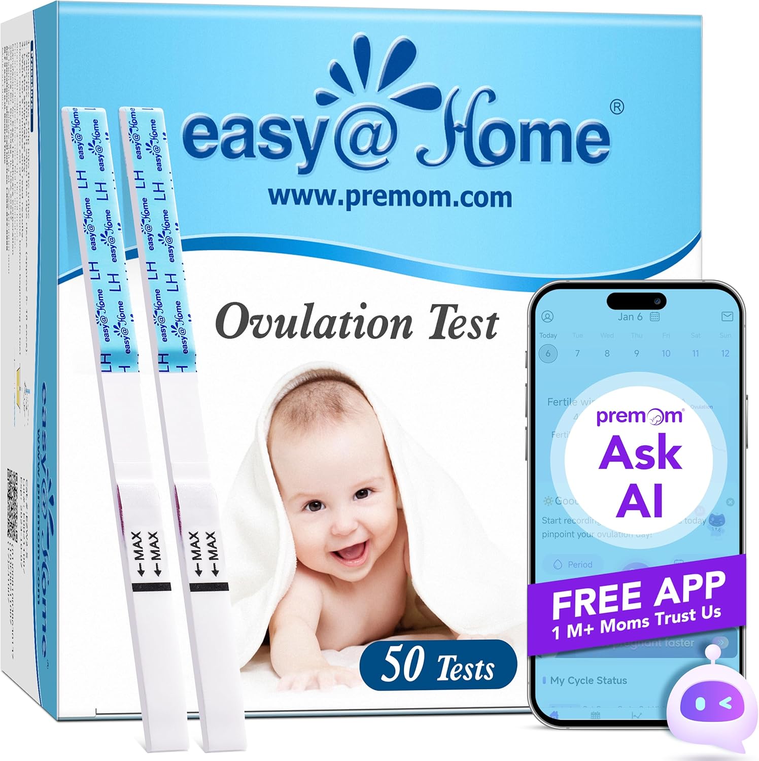 Easy@Home Ovulation Test Strips (50-Pack), FSA Eligible Ovulation Predictor Kit, Powered by Premom Ovulation Calculator iOS and Android APP, 50 LH Tests