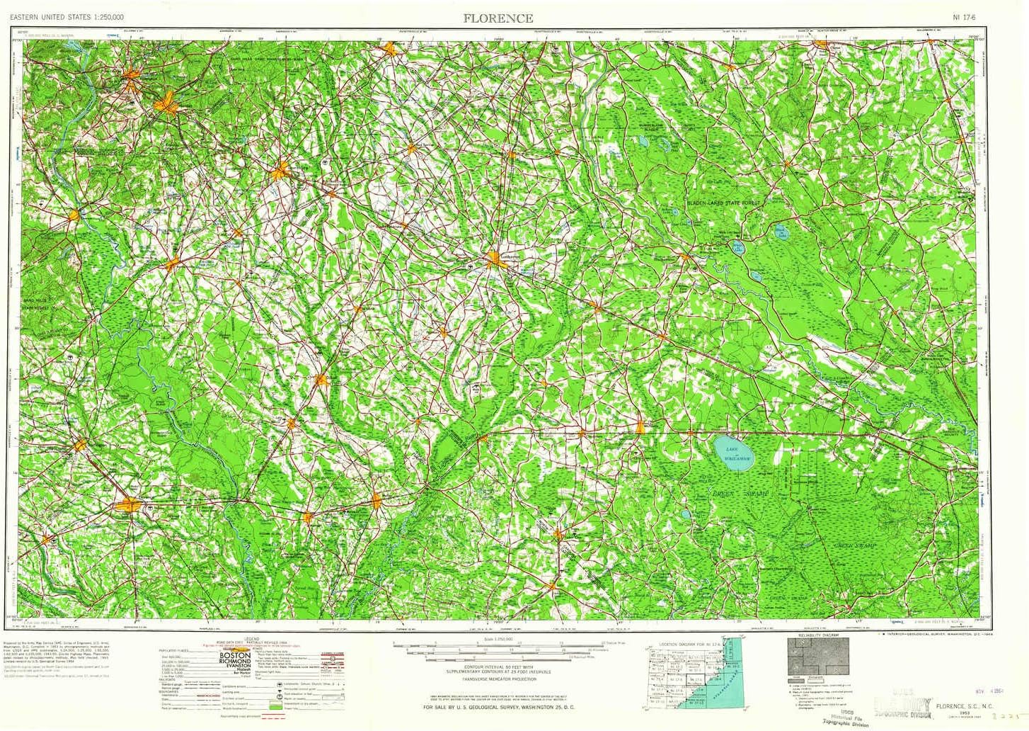 Florence SC topo map, 1:250000 Scale, 1 X 2 Degree, Historical, 1953, Updated 1964, 22.1 x 32.1 in