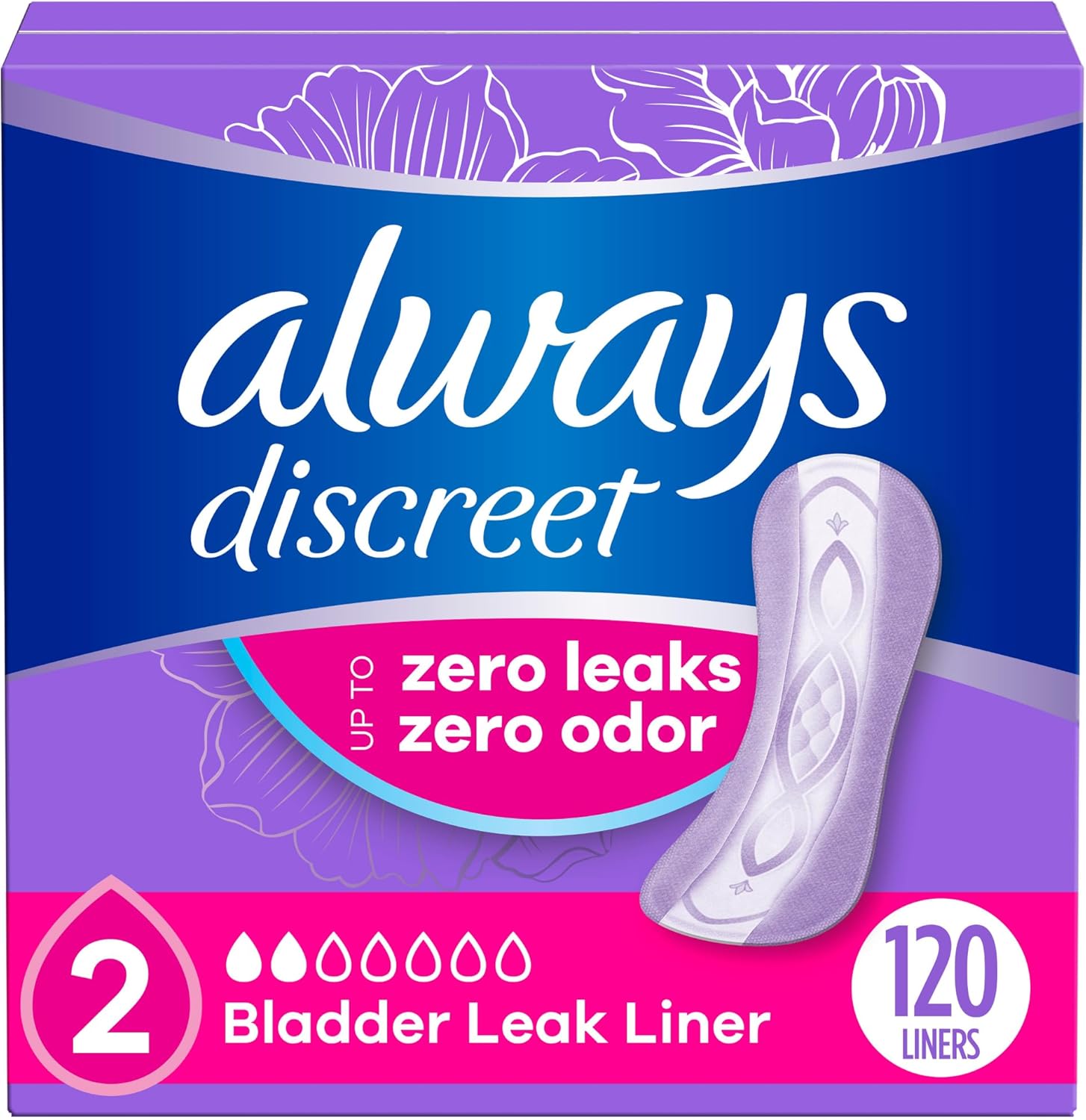 Always Discreet Adult Incontinence & Postpartum Liners for Women, Size 2, Very Light Absorbency, Regular Length, 120 Count (Packaging May Vary)