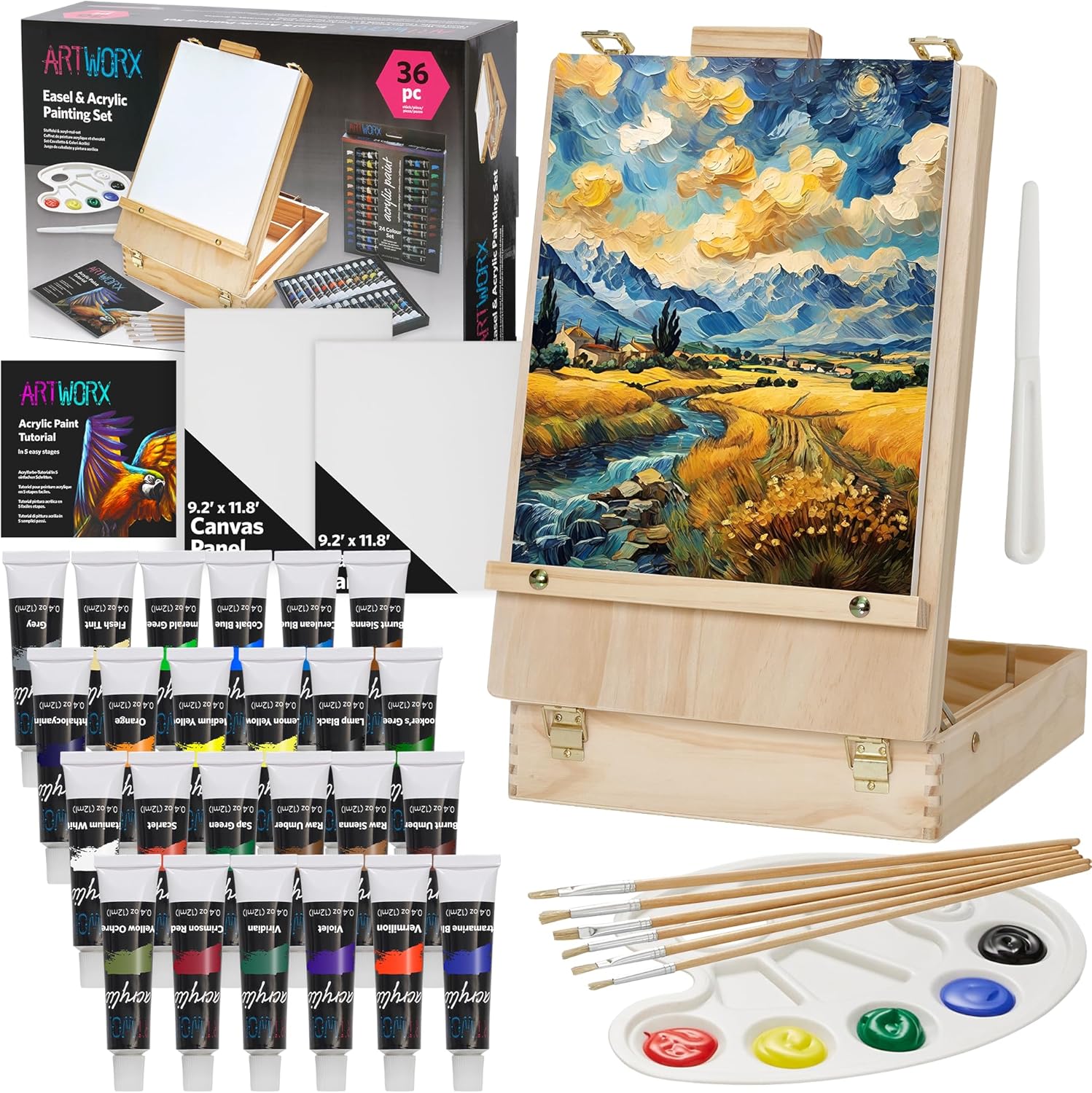 Artworx Painting Set for Adults - Box Easel - Portable Table Top Easel - Kit Includes 2 x Canvasses, 24 x Paints & 6 Brushes - Canvas Painting Set