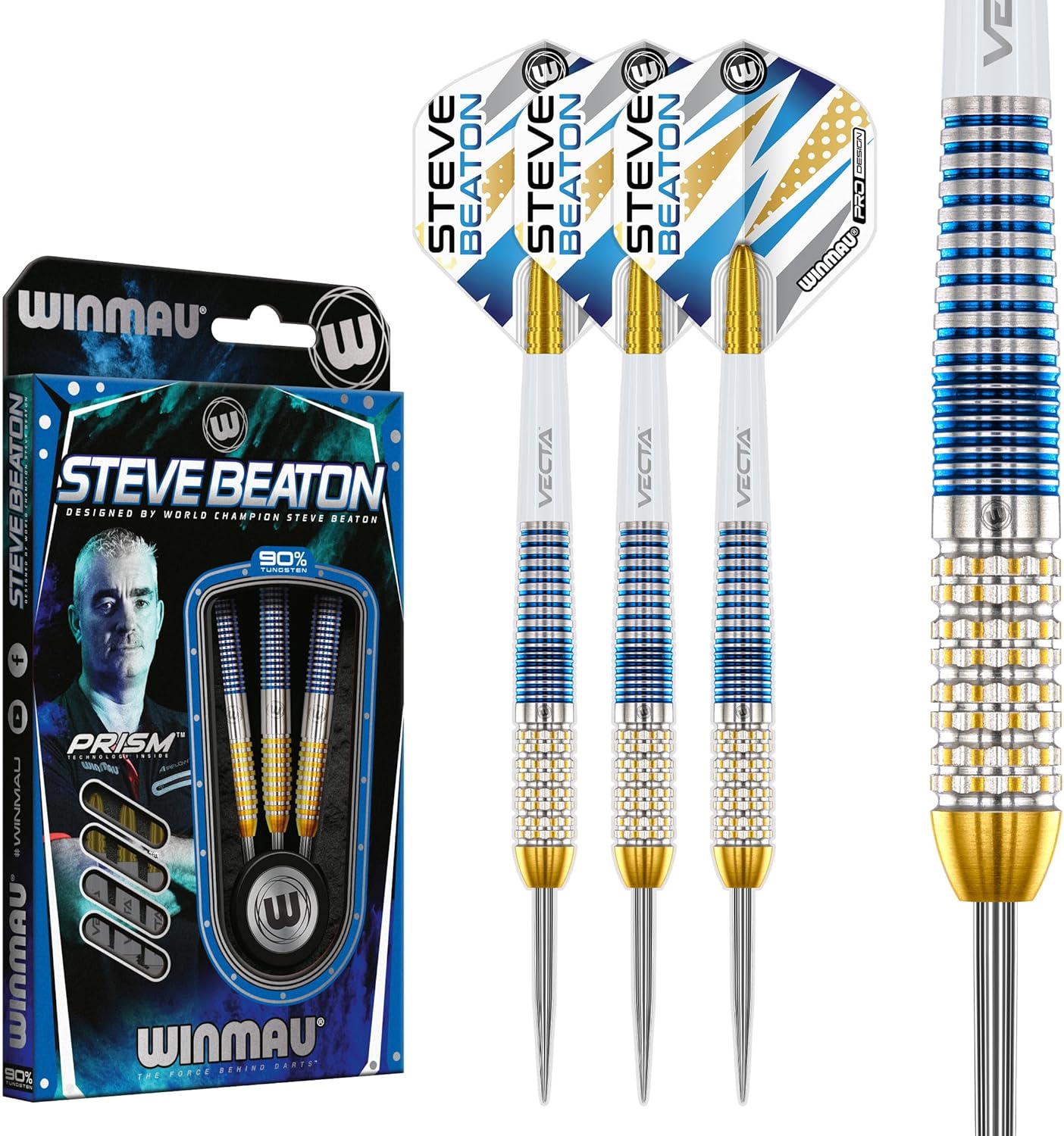 WINMAU Darts - Professional Player - Steve Beaton Legacy Edition 90% Tungsten Darts Set with Dart Flights and Dart Shafts (Stems) – Available in Soft and Steel Tip - Available weights 18g, 22g and 24g