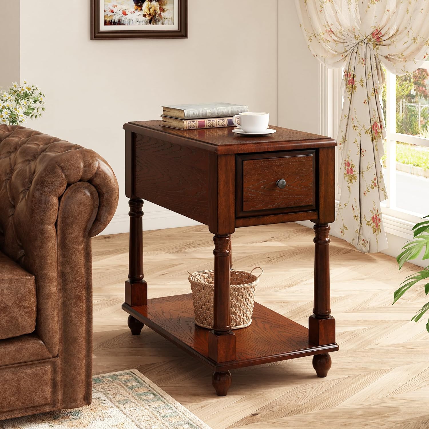 Narrow Open End Table with Drawer, Solid Wood Side Table 2-Tier Skinny Table with Storage Shelves Slim Nightstand Small Sofa End Table for Living Room Bedroom-Cherry Walnut 004DWA