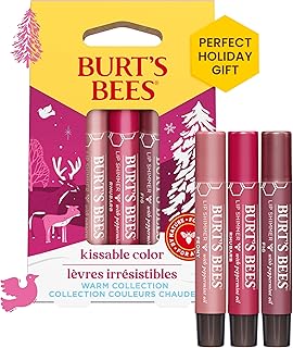 Burt’s Bees Shimmer Lip Tint Stocking Stuffers Set, Tinted Lip Balm, Moisturizing for All Day Hydration with Natural Glowy Pigmented Finish & Buildable Color, Kissable Color, Warm Collection (3-Pack)