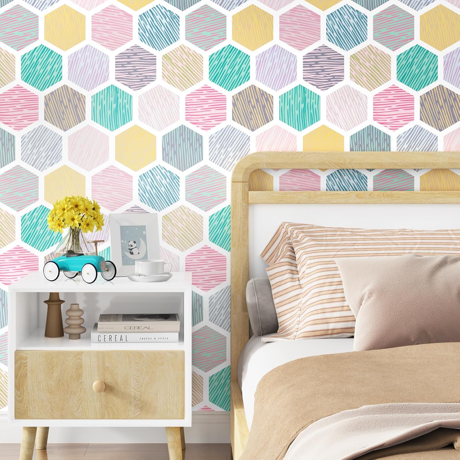 WESTICK Colorful Geometric Peel and Stick Wallpaper Self Adhesive Boho Contact Paper for Walls Hexagon Geometric Wallpaper for Kids Bedroom Girls Dresser Nursery Room Cabinets Countertops 17.5"x315"