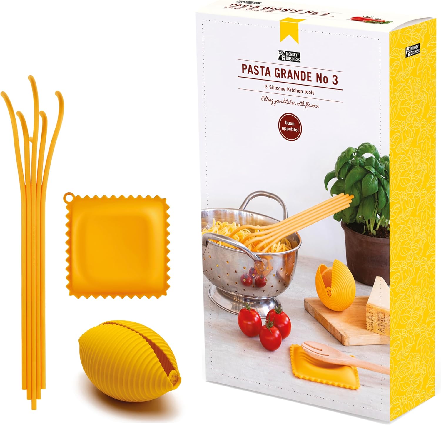 Monkey Business Silicone Kitchen Tools in Gift Box/ 3 Big Pasta shaped kitchen gadgets/Ravioli Spoon Rest, Conchiglie Lemon Squeezer, Spaghetti Serving Spoon/Pasta Grande No. 3