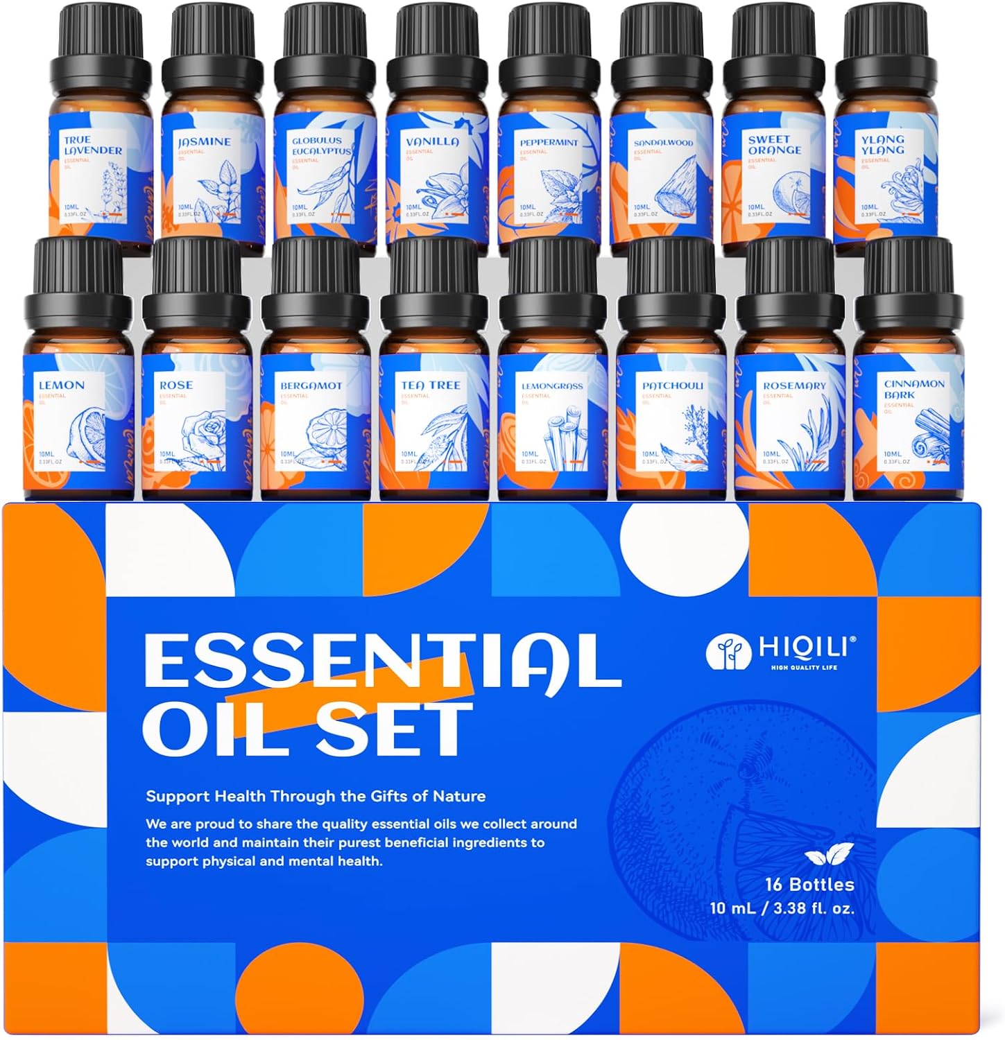 HIQILI Top 16 Essential Oils Set for Skin, Aromatherapy & Home Use | Includes Lavender, Lemongrass, Rose, Vanilla & Popular Scents, Pet Safe & Long Lasting for All Seasons - 10mL / 0.33 fl oz