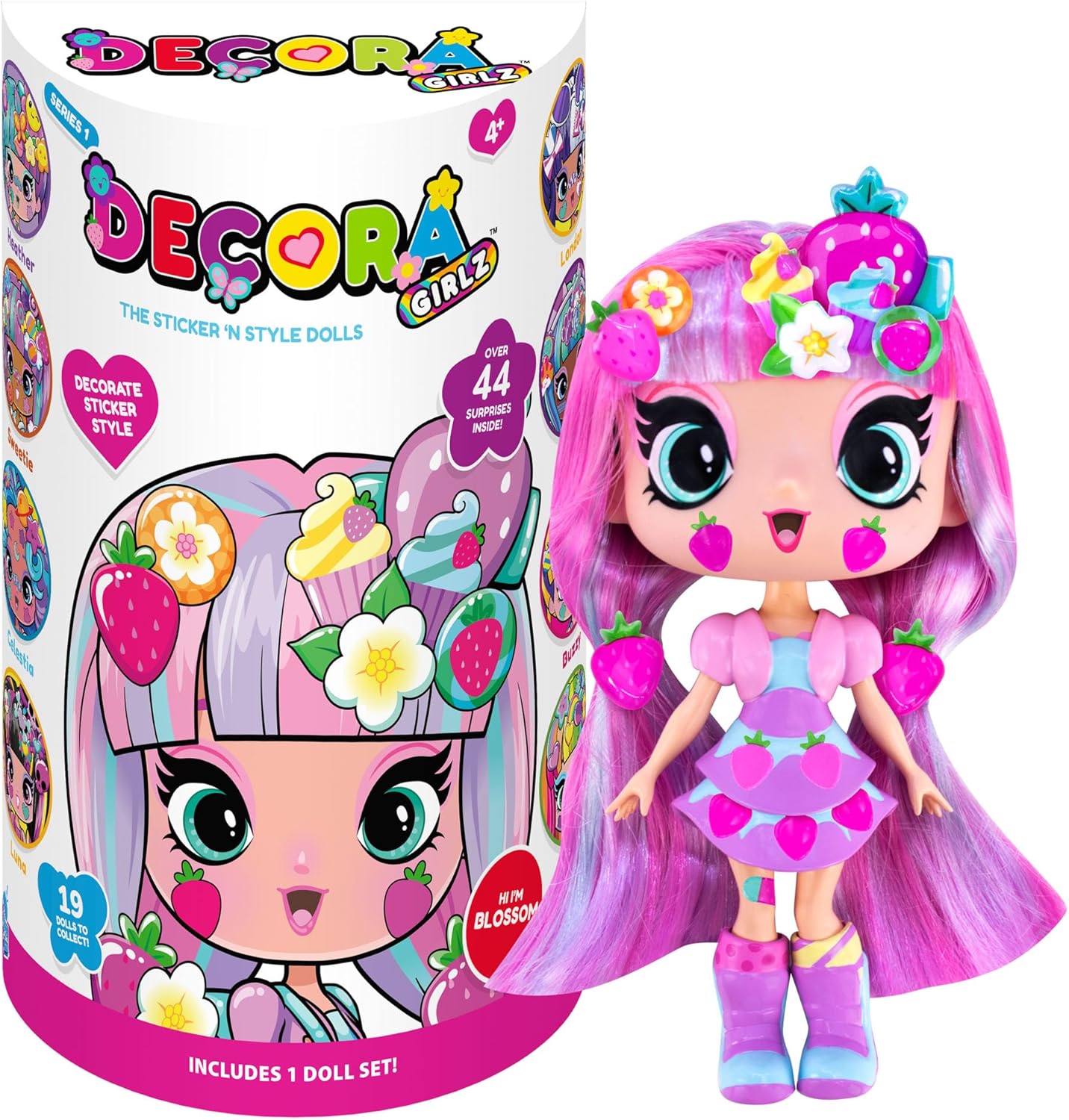 John Adams Decora Girlz Age 4+ | 5" BLOSSOM Sticker 'n' Style Fashion Doll | Blossom features 44 colourful accessories including dress, shoes, bag, comb, sticker sheets | Dolls & Accessories | Ages 4+