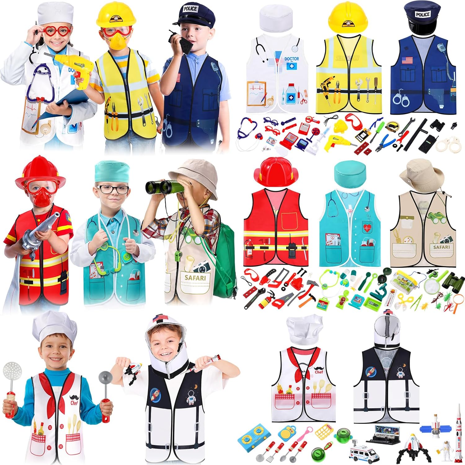 Shihanee 8 Set Kids Dress up Clothes and Disposable Toys, Pretend Play Costumes Construction Worker, Police, Firefighter, Doctor, Surgeon, Chef, Explorer, Astronaut Vest for Boys Girls Role Play