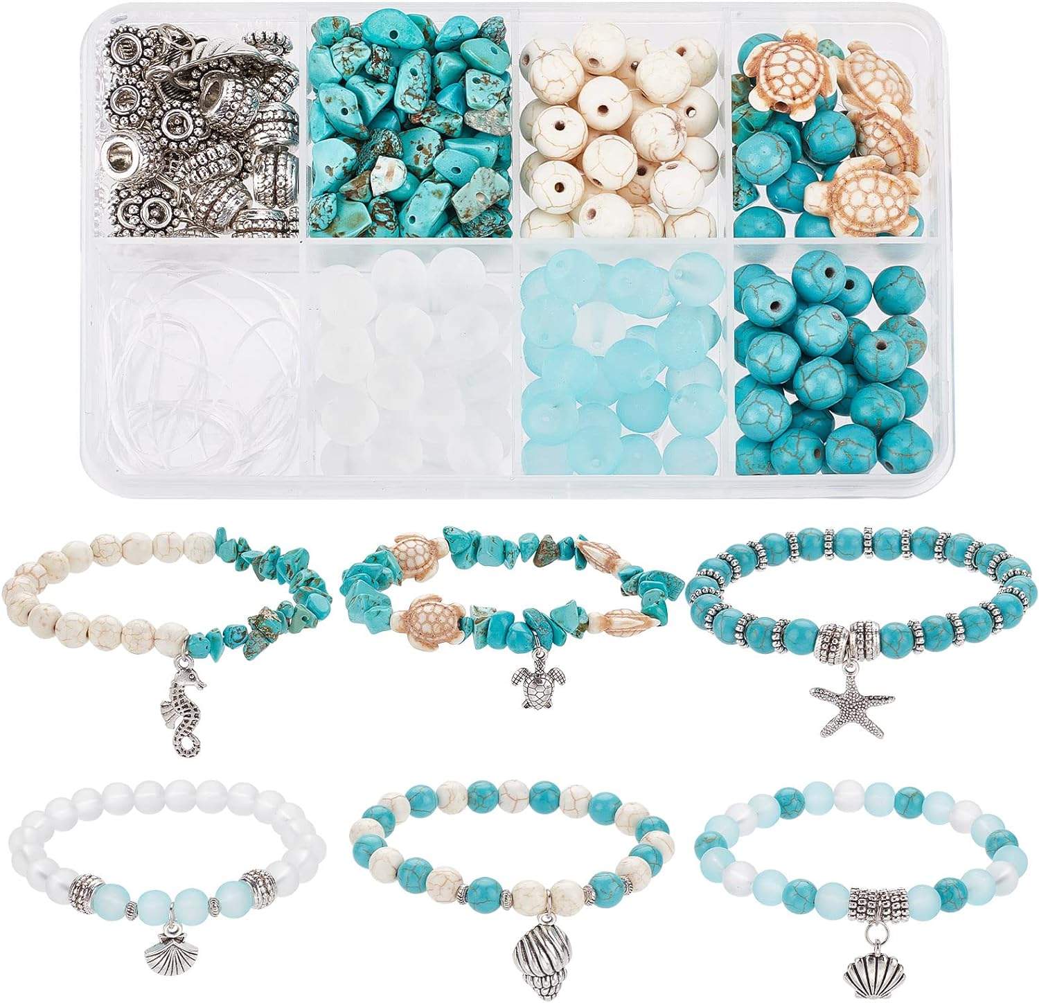 SUNNYCLUE 1 Box DIY 6 Set Turtle Beads Beading Bracelet Making Kit Tortoise Charms Summer Hawaii Ocean Starfish Seahorse Charm Sea Shell Charms for jewellery Making Kit Adult Women Handmade Craft