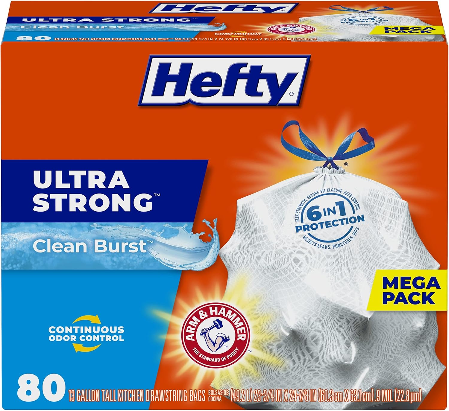 Hefty Ultra Strong 13 Gallon Trash Bags, Tall Kitchen Trash Bags 13 Gallon Size, Drawstring Closure, Continuous Odor Control, White, Clean Burst Scent, 80 Bags