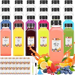 48pcs 12oz Empty Plastic Juice Bottles- Clear Homemade Juicing Drinks Containers with Black Tamper Proof Lids for Juicing, Smoothie,Drinking,Reusable Beverages Bottles