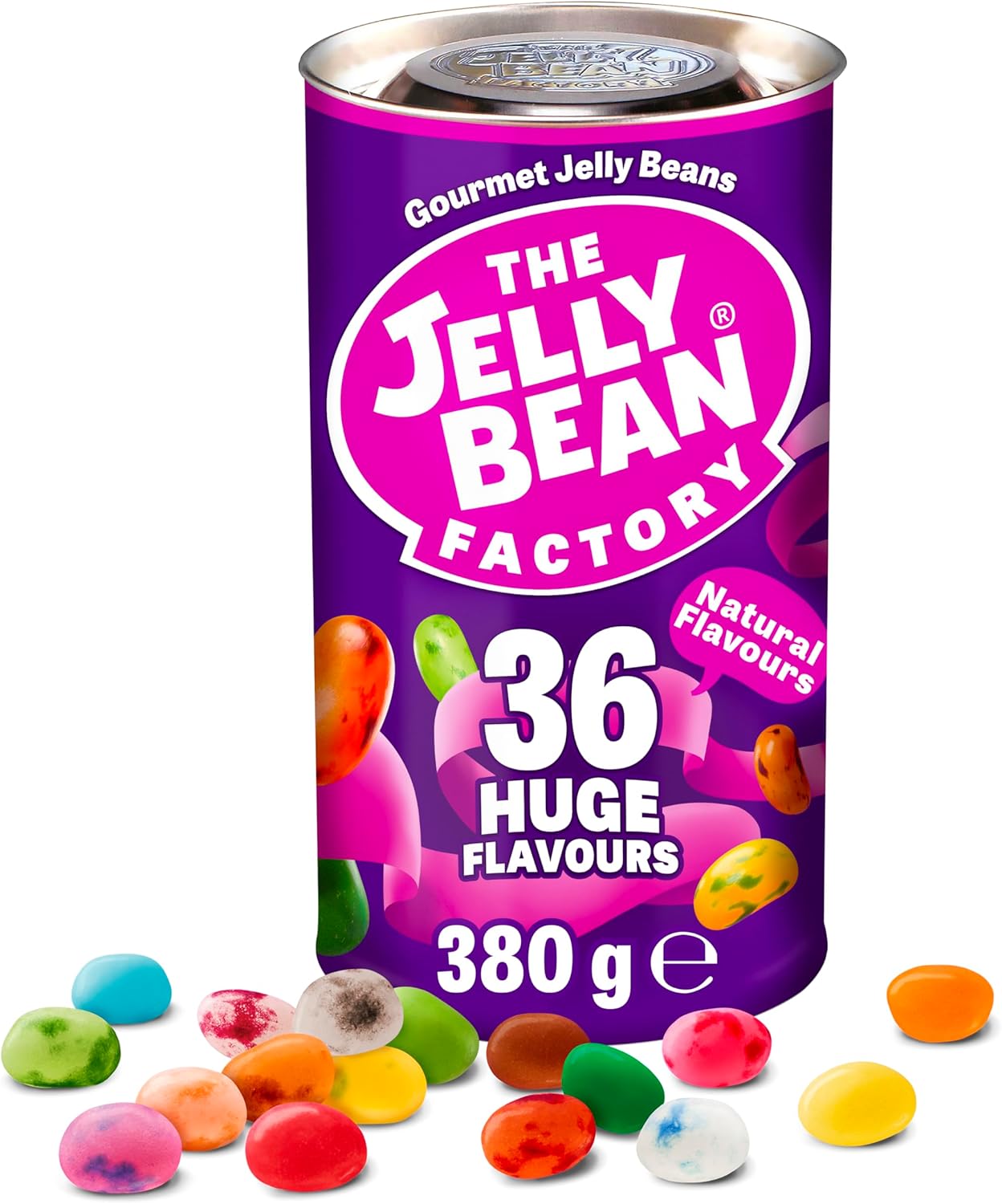 The Jelly Bean Factory, Gourmet Jelly Beans 380 g Can - 36 Natural, Real Jelly Fruit Flavours, Retro American Sweets, Chewy Jelly Sweets for Kids, Adults - Bulk Pick & Mix Jelly Beans Gift