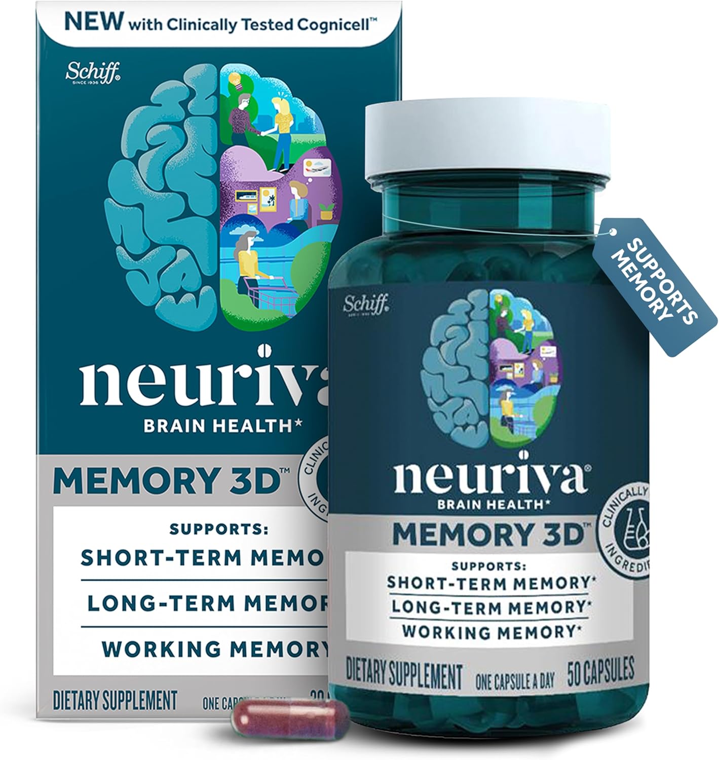 NEURIVA Memory 3D Brain Supplement - Decaffeinated Nootropic Capsules for Memory, Focus, & Cognitive Function - Short Term, Long Term, & Working Memory Support - 50ct